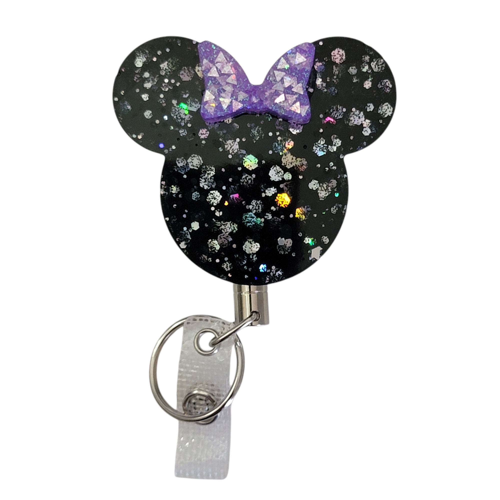 Stainless Steel Purple & Black Mouse Head Ears With Bow Heavy Duty Name ID Badge Reel Retractable Holder