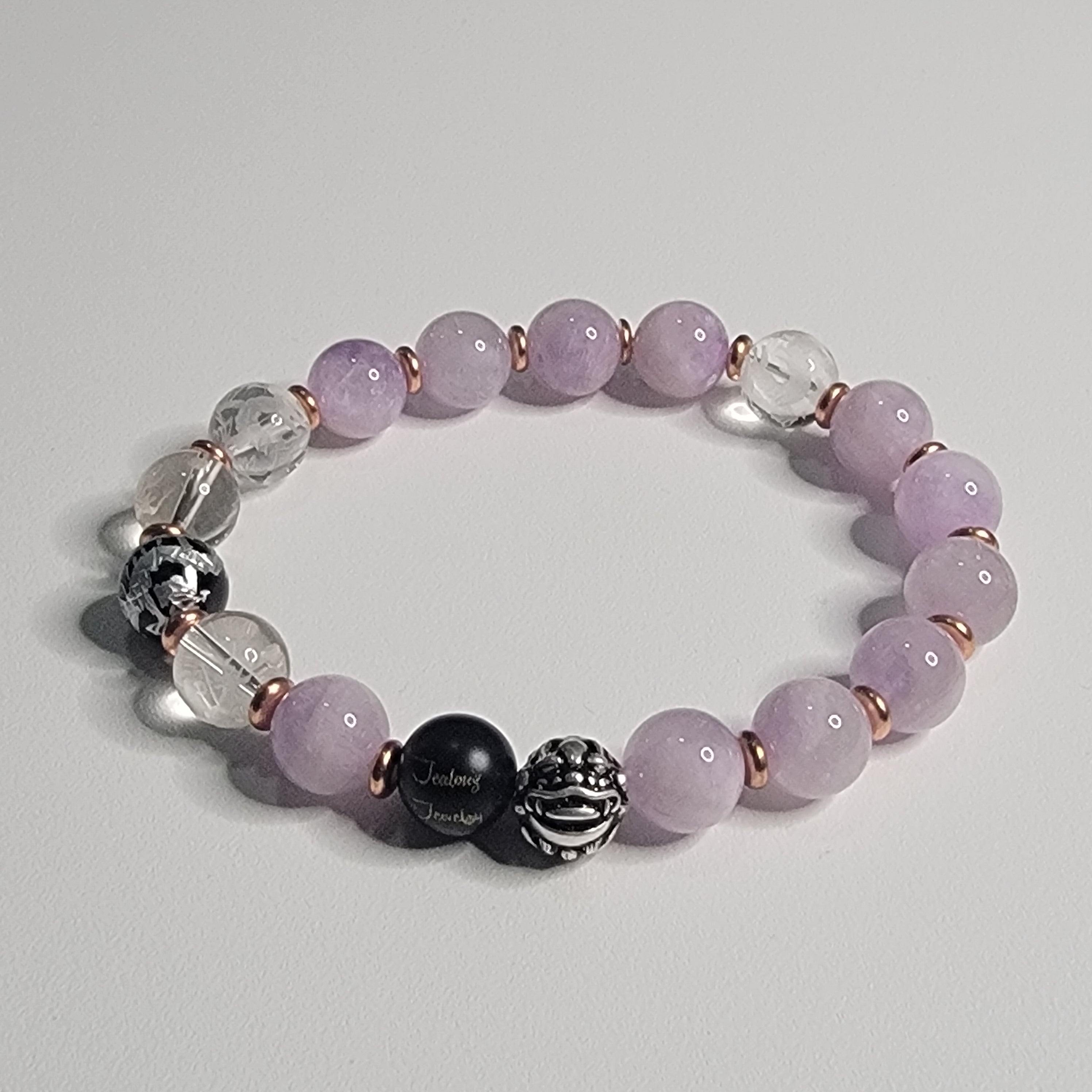 Classic Lavender Amethyst 10mm Gemstone Lucky Dragon Beaded Sterling Silver 7inch Bracelet