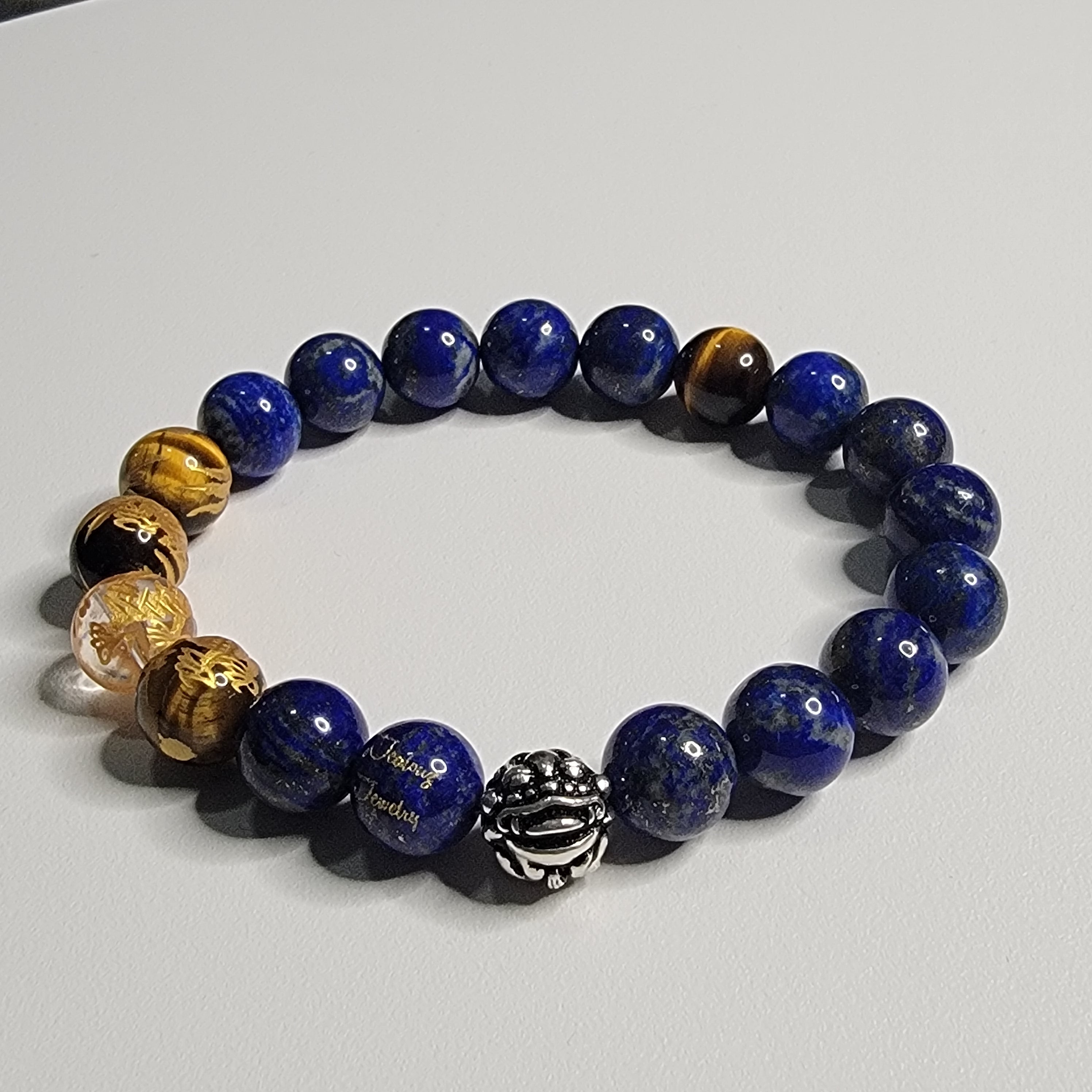 Classic Lapis 10mm Gemstone Beaded Sterling Silver Lucky Dragon 7inch Bracelet