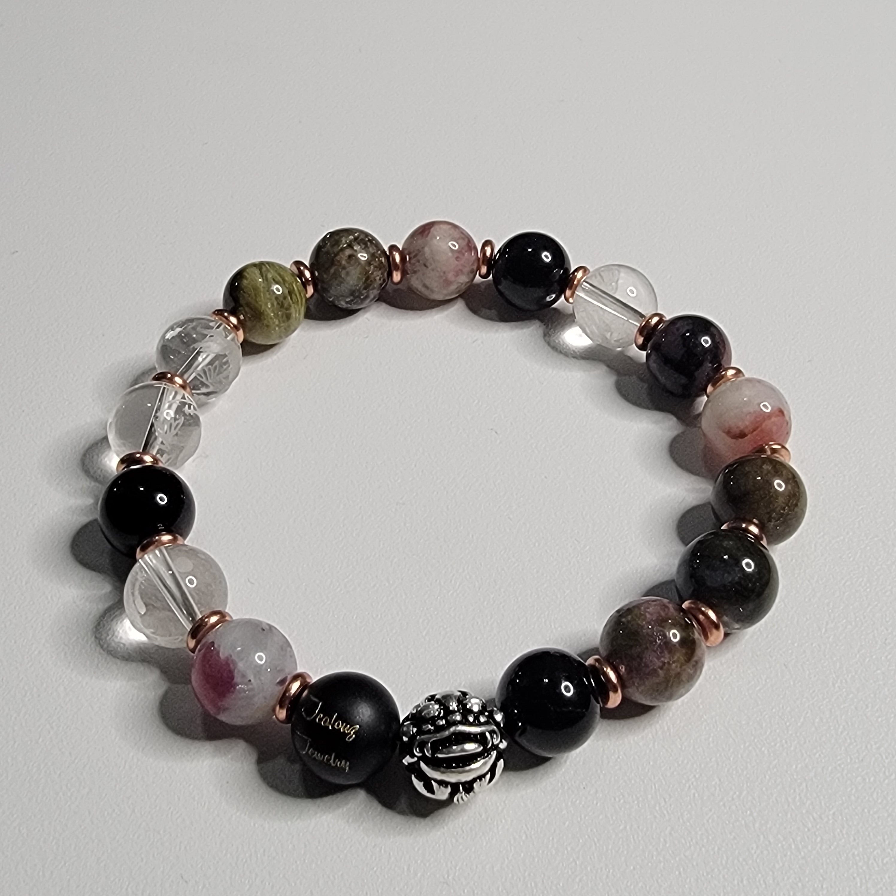 Classic Tourmaline 10mm Gemstone Sterling Silver & Cooper Beaded 7inch Bracelet