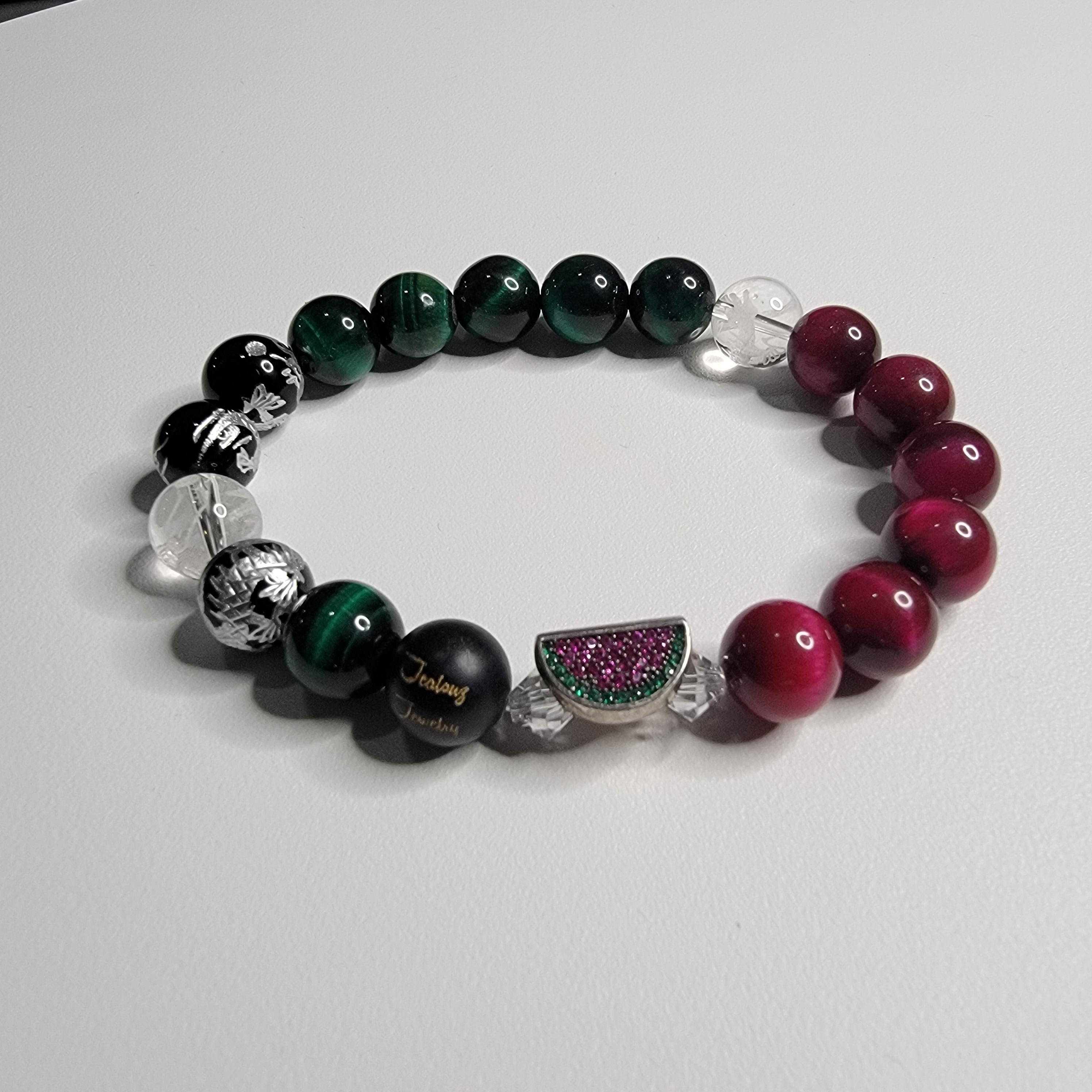 Classic Watermelon & Apple Tiger Eye Lucky Sterling Silver 7inch Gemstone Beaded Bracelet Set