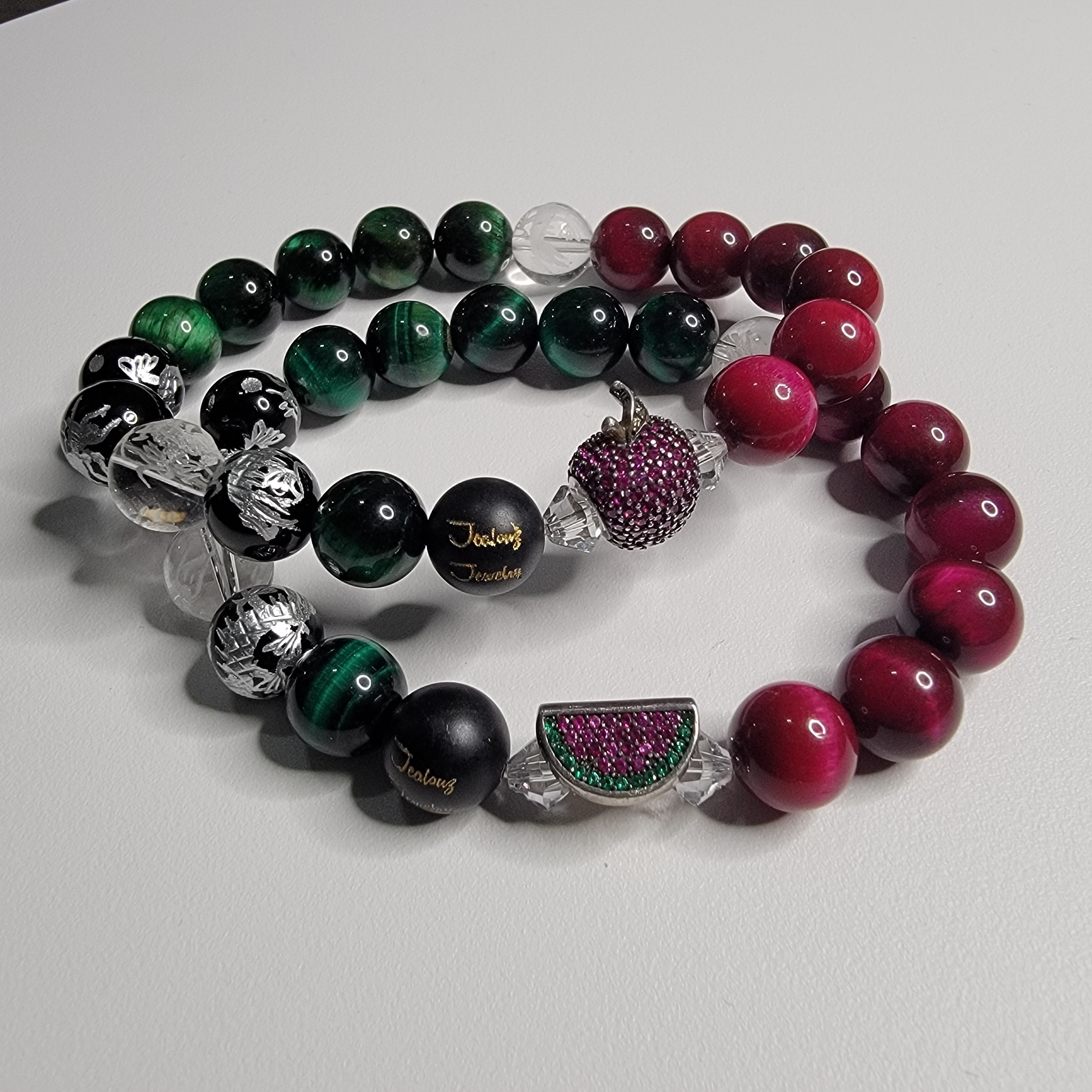 Classic Watermelon & Apple Tiger Eye Lucky Sterling Silver 7inch Gemstone Beaded Bracelet Set