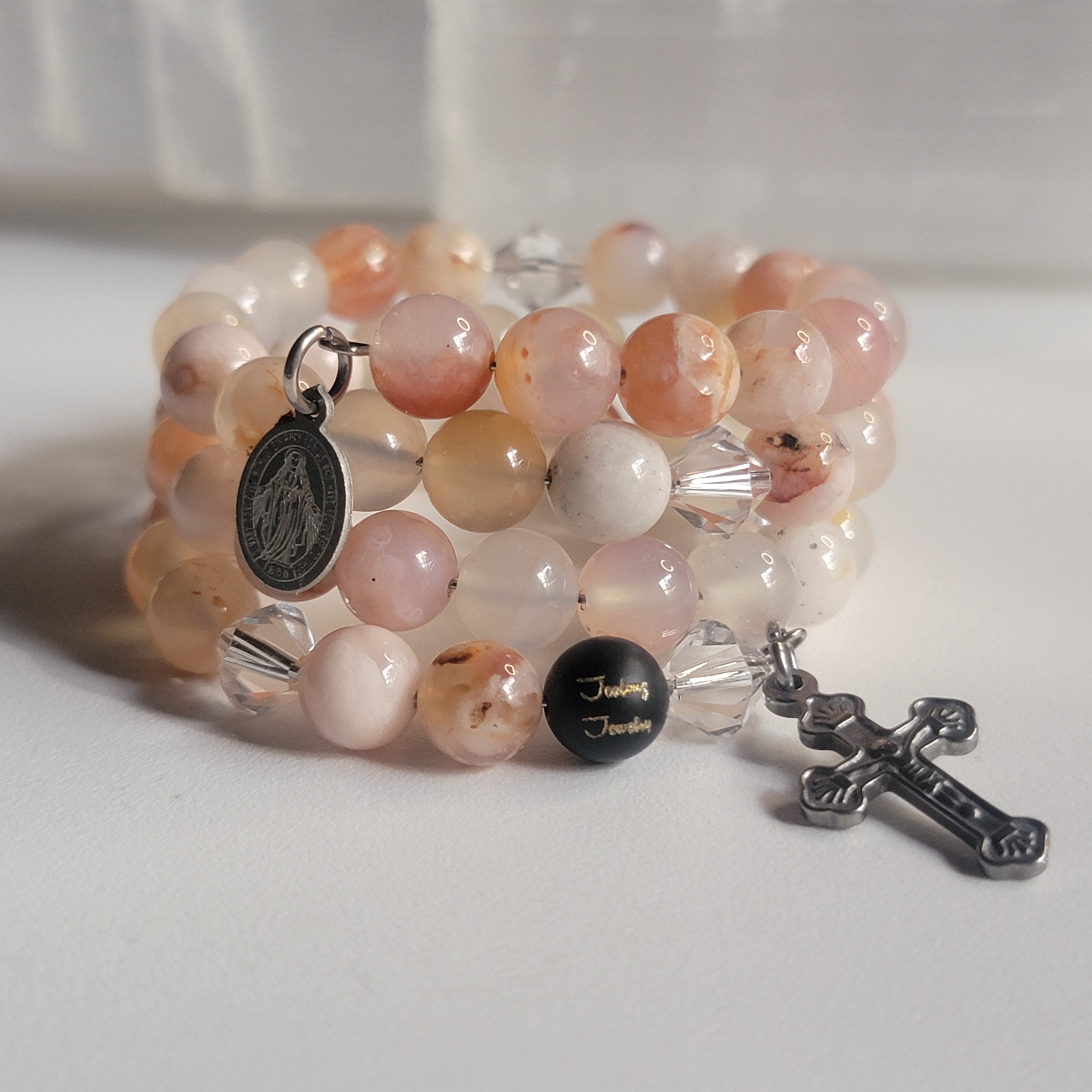 Peach 8mm Flower Sakura Gemstone Stainless Steel Rosary Wrap Around Bracelet