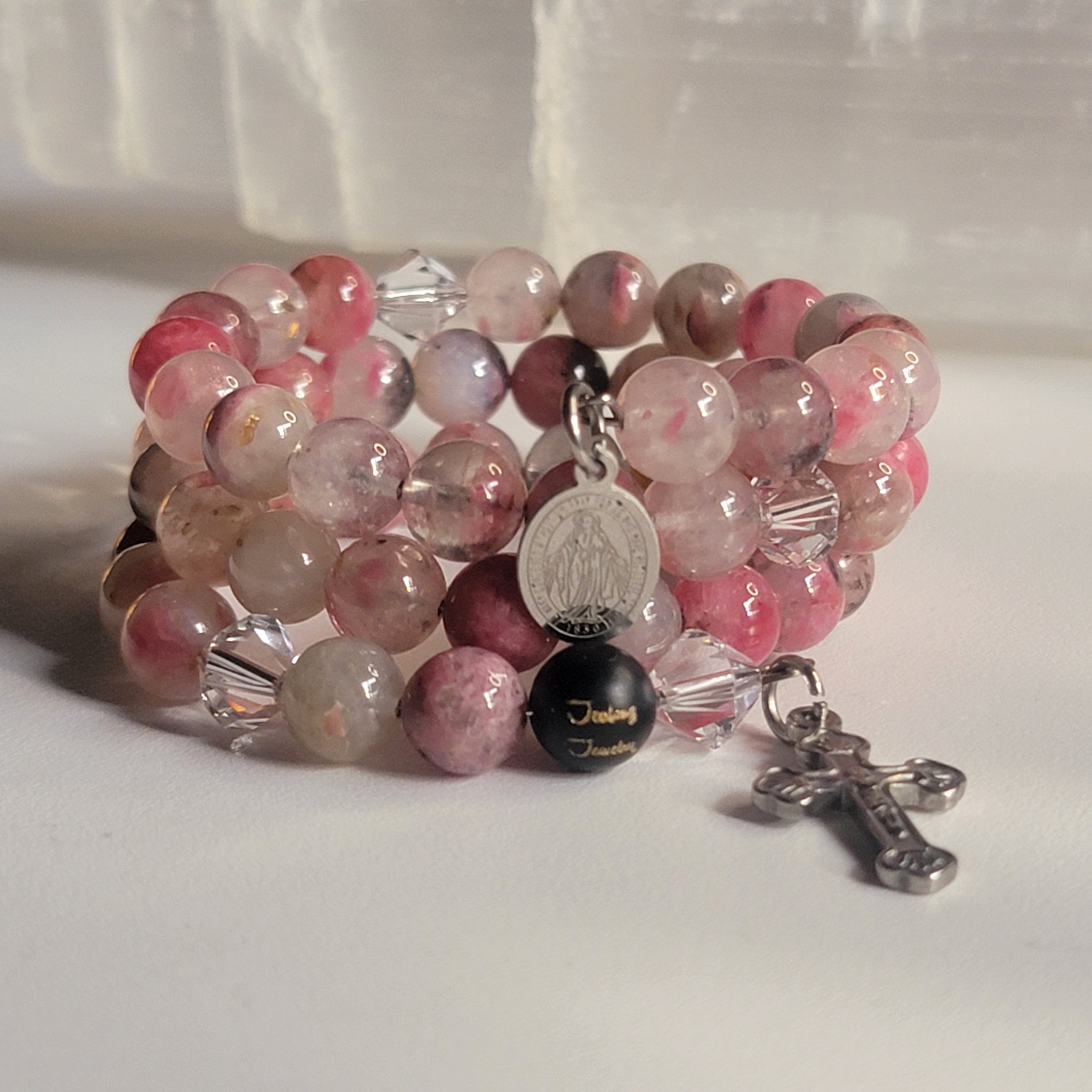 Pink 8mm Flower Sakura Gemstone Stainless Steel Rosary Wrap Around Bracelet