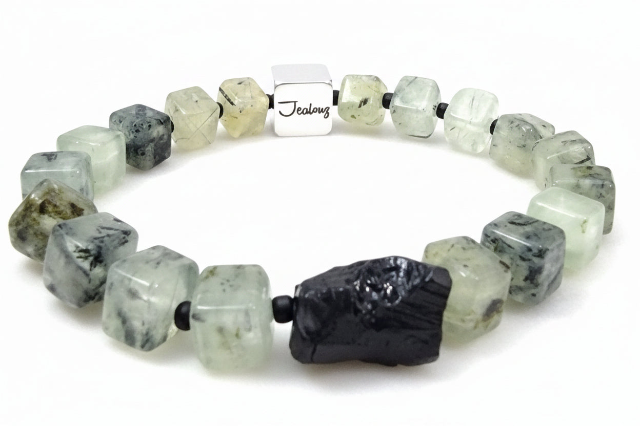JealouzJewelry Sterling Silver Prehnite Black Tourmaline Lucky Gemstone 8mm Beaded Cube 7inch Bracelet