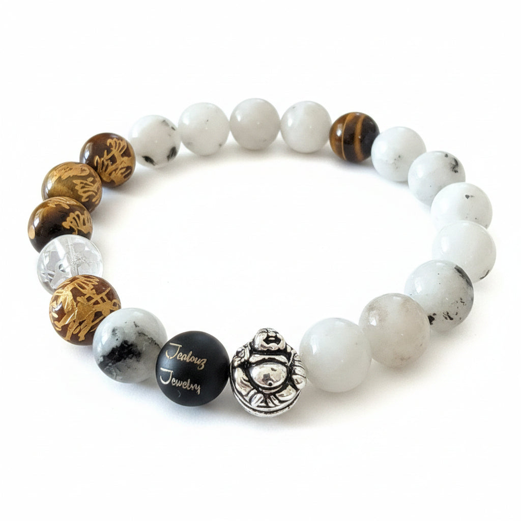 JealouzJewelry Sterling Silver Tiger Eye Moonstone Lucky Buddha 10mm Beaded Bracelet