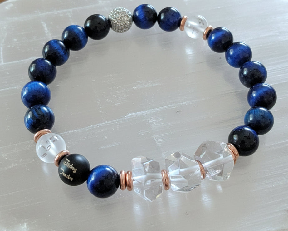 Sterling Silver & Copper 8mm Blue Tiger Eye Nugget 7inch Bracelet