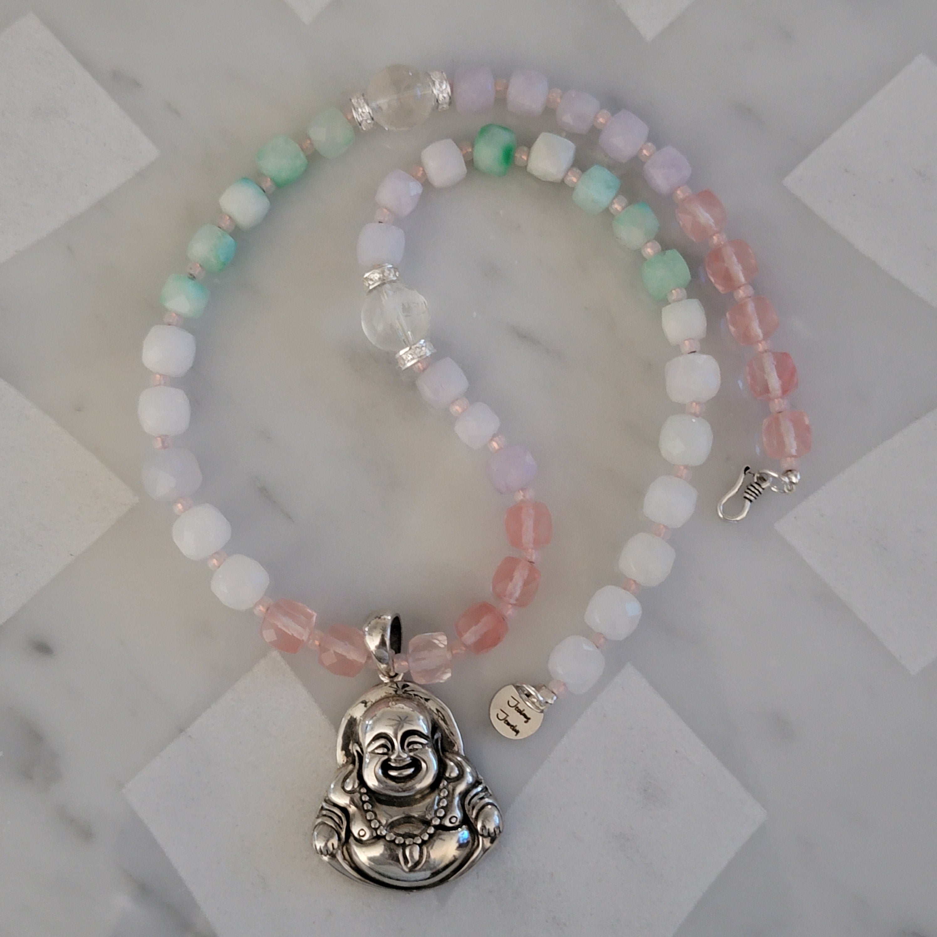 Sterling Silver Lucky Laughing Buddha 6-7mm Gradient Gemstone Beaded 17inch Necklace