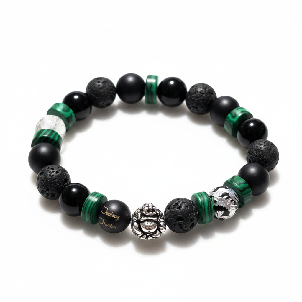 Classic Lava Onyx Malachite 10mm Lucky Laughing Buddha Sterling silver 7-inch bracelet