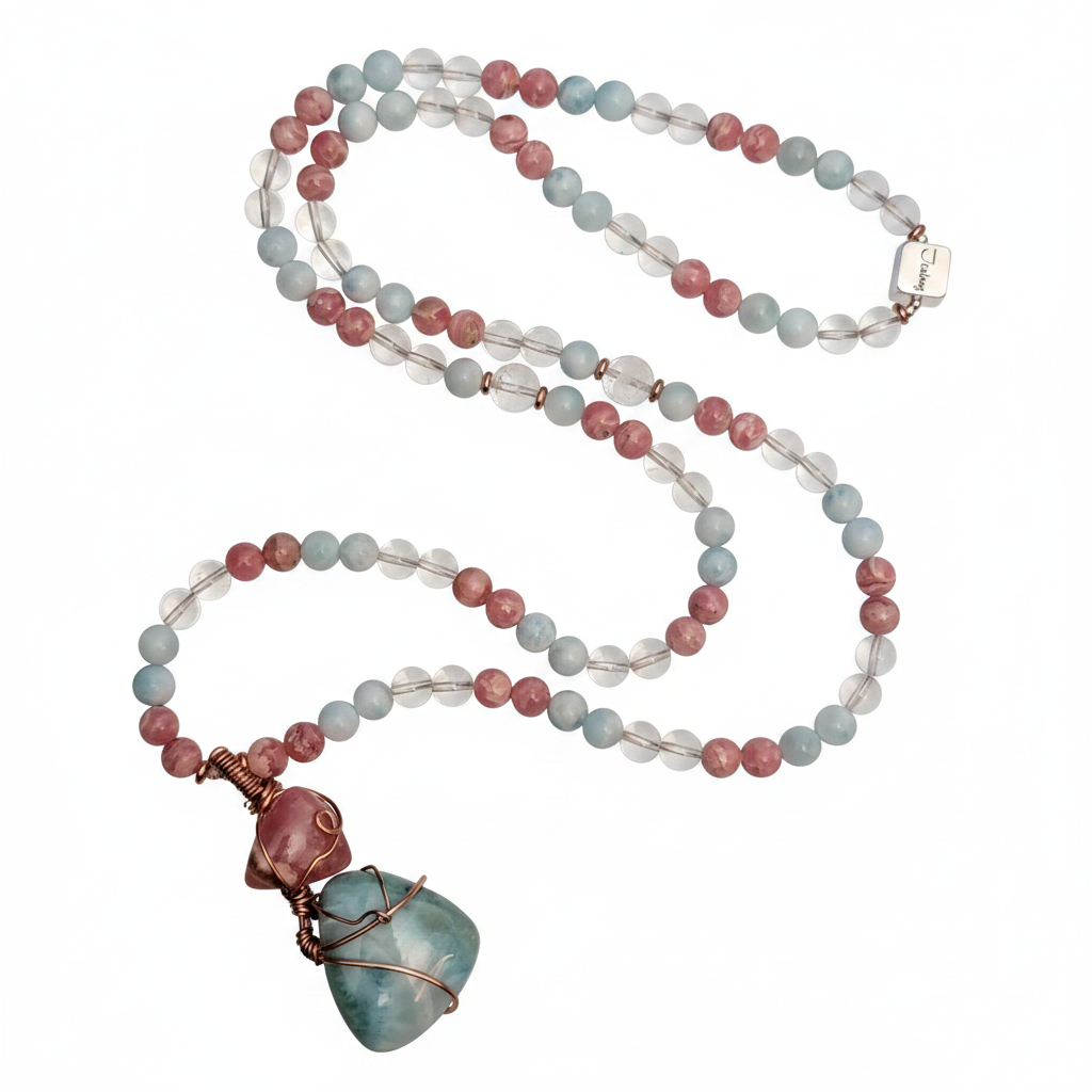 JealouzJewelry One of a Kind Sterling Silver Lucky 8mm Larimar & Rhodochrosite Quartz Healing Mala Necklace with Wire Wrap Copper Pendant