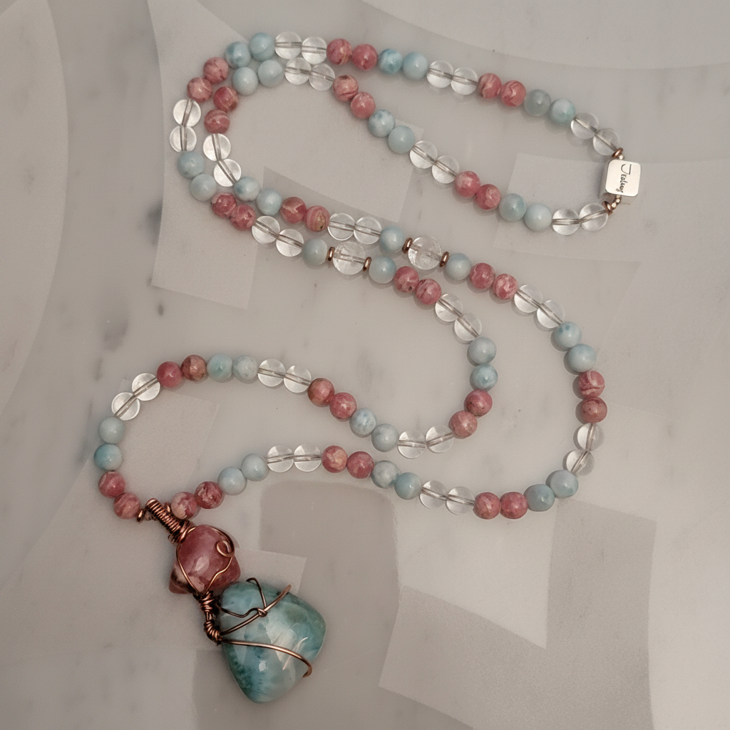 JealouzJewelry One of a Kind Sterling Silver Lucky 8mm Larimar & Rhodochrosite Quartz Healing Mala Necklace with Wire Wrap Copper Pendant