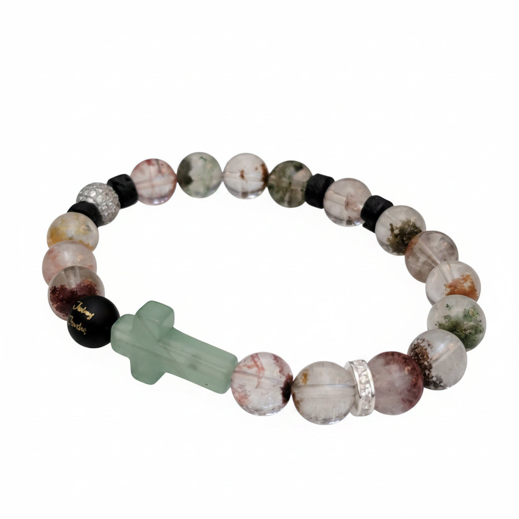 JealouzJewelry Sterling Silver Adventurine Cross Ghost Phantom Black Lava Lucky Gemstone 9mm Beaded 7inch Bracelet