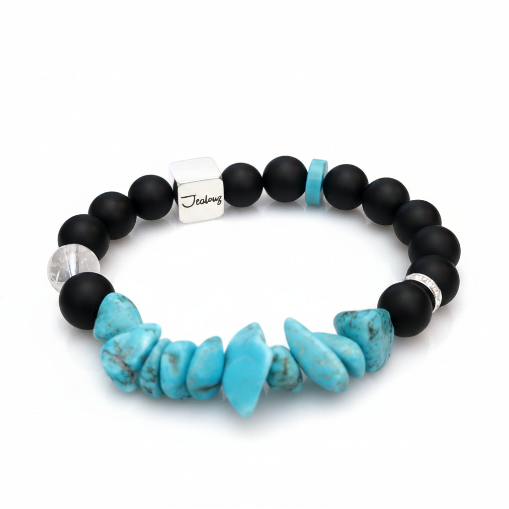 JealouzJewelry Sterling Silver Matte Black Onyx Turquoise Nugget Carved Quartz 10mm Gemstone Beaded Bracelet
