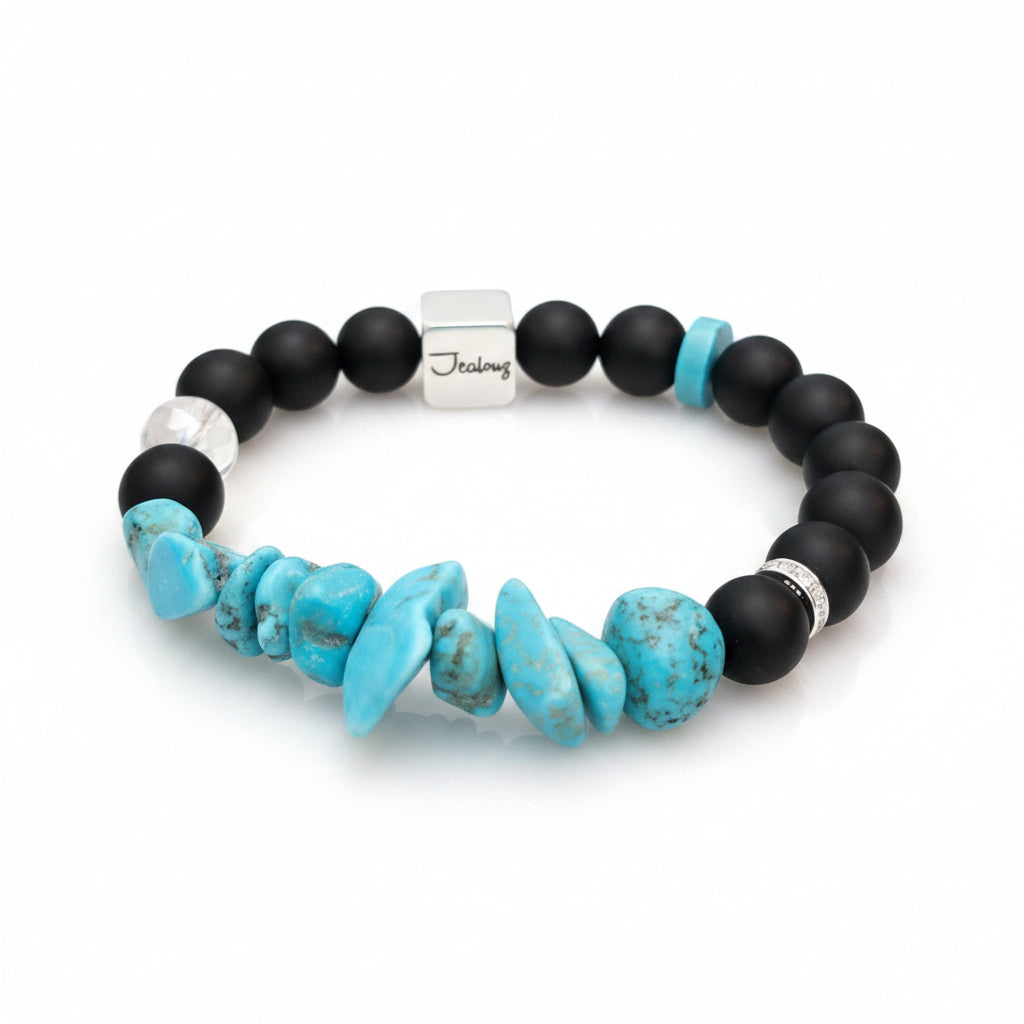 JealouzJewelry Sterling Silver Matte Black Onyx Turquoise Nugget Carved Quartz 10mm Gemstone Beaded Bracelet