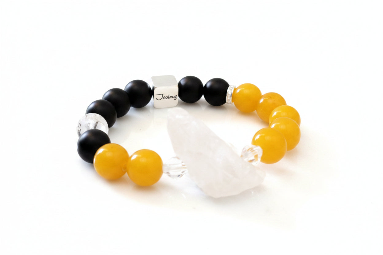 JealouzJewelry Sterling Silver Matte Black Onyx Malaysia Yellow Jade Quartz Nugget 12mm Gemstone Beaded Bracelet
