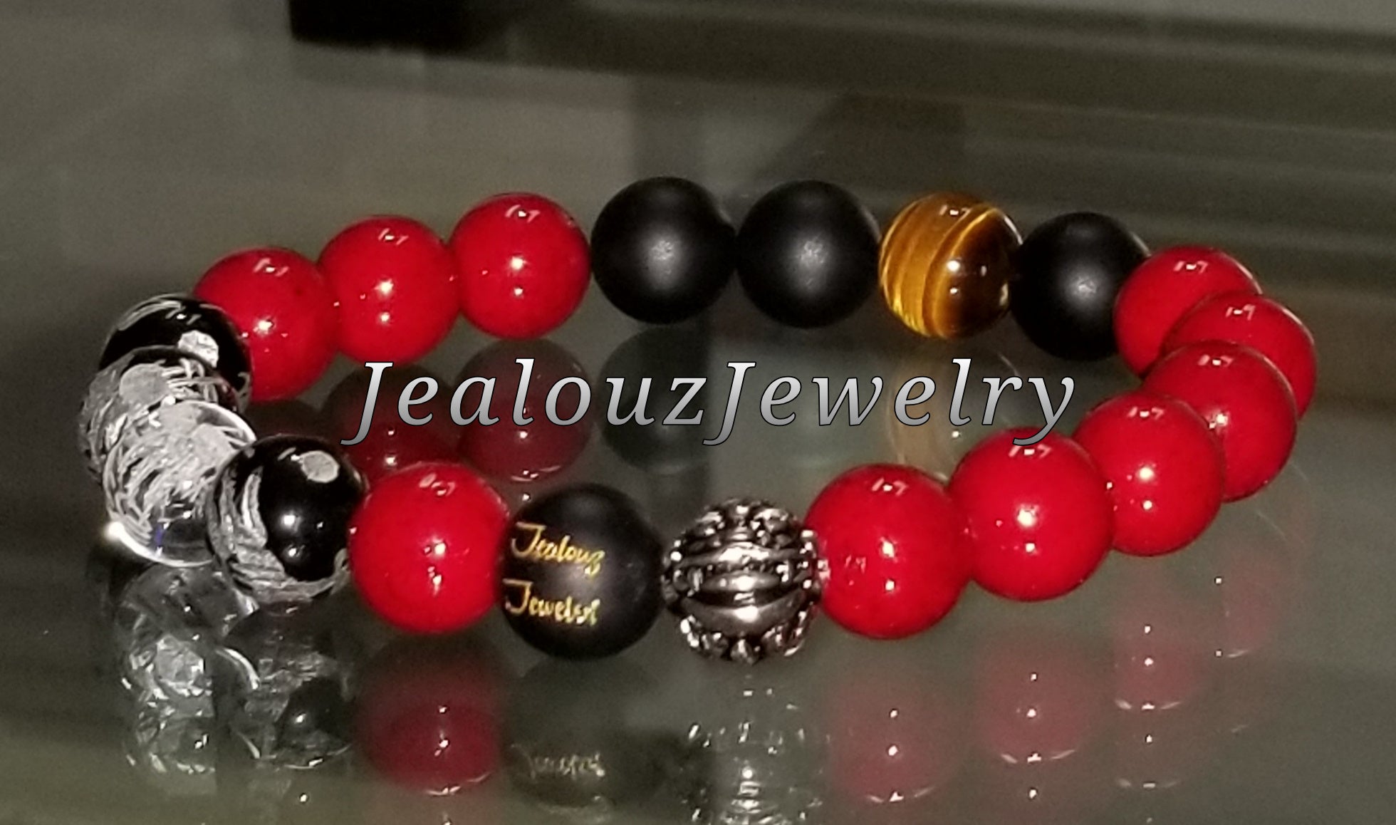 Red Riverstone Matte Black Onyx Lucky Gold Dragon Gemstone Bracelet