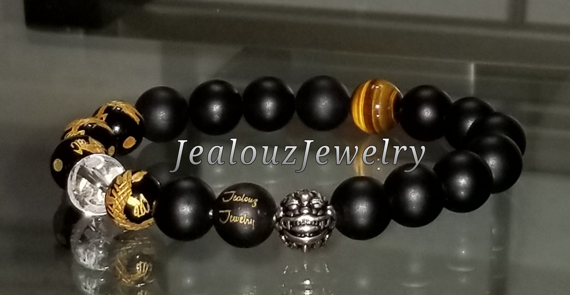 Matte Black Onyx Lucky Sterling Silver Dragon 10mm Gemstone Beaded Bracelet