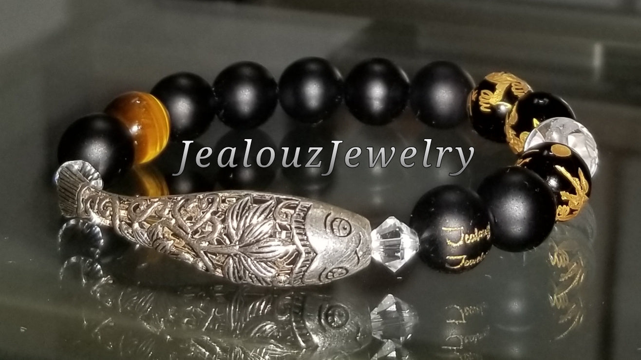 Lucky Koi Fish Protection Against Negative Energy Matte Black Onyx Gemstone Bracelet