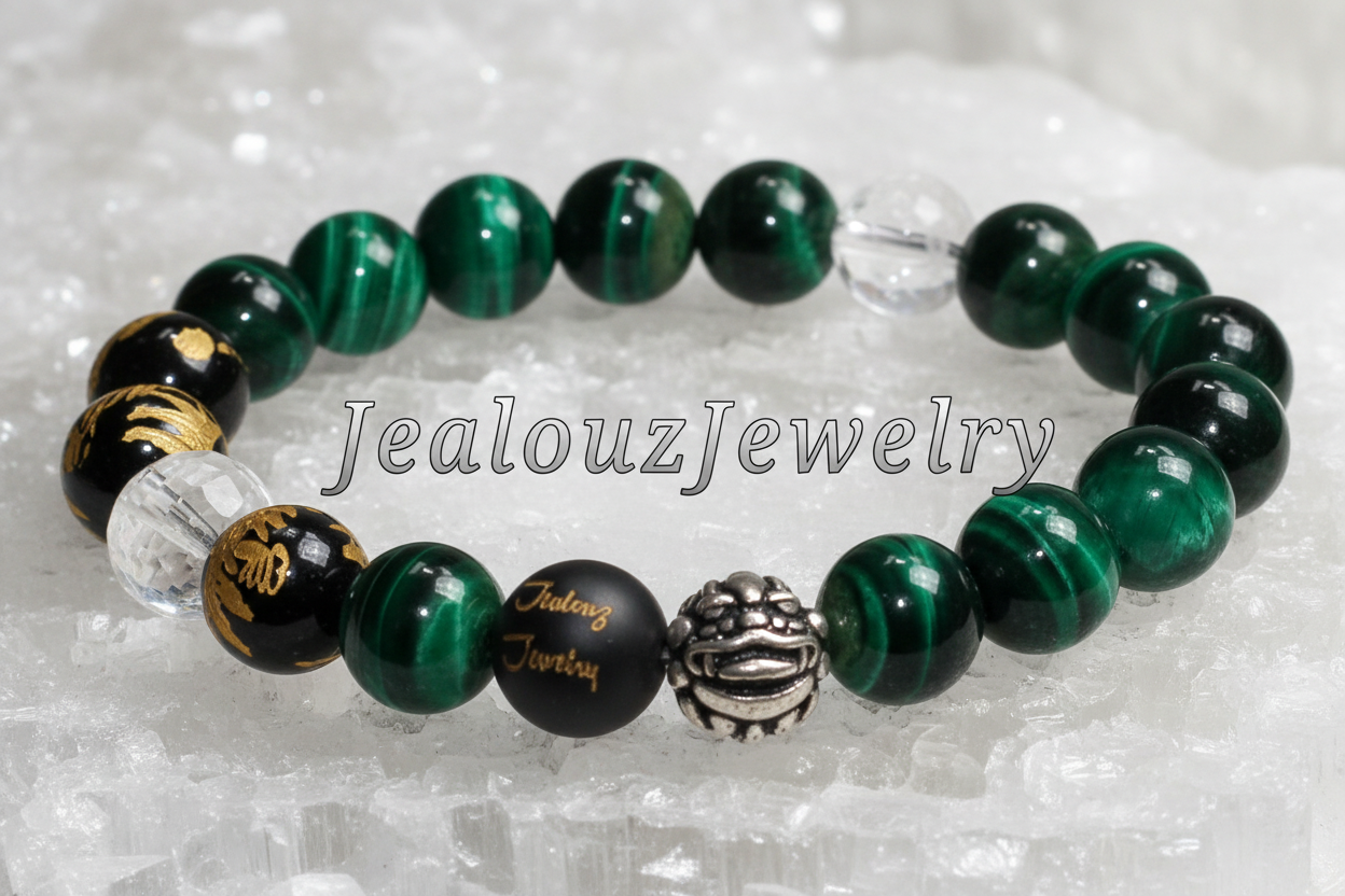Classic Sterling Silver Emerald Green Tiger Eye Lucky Gold Dragon 7inch Gemstone Beaded Bracelet