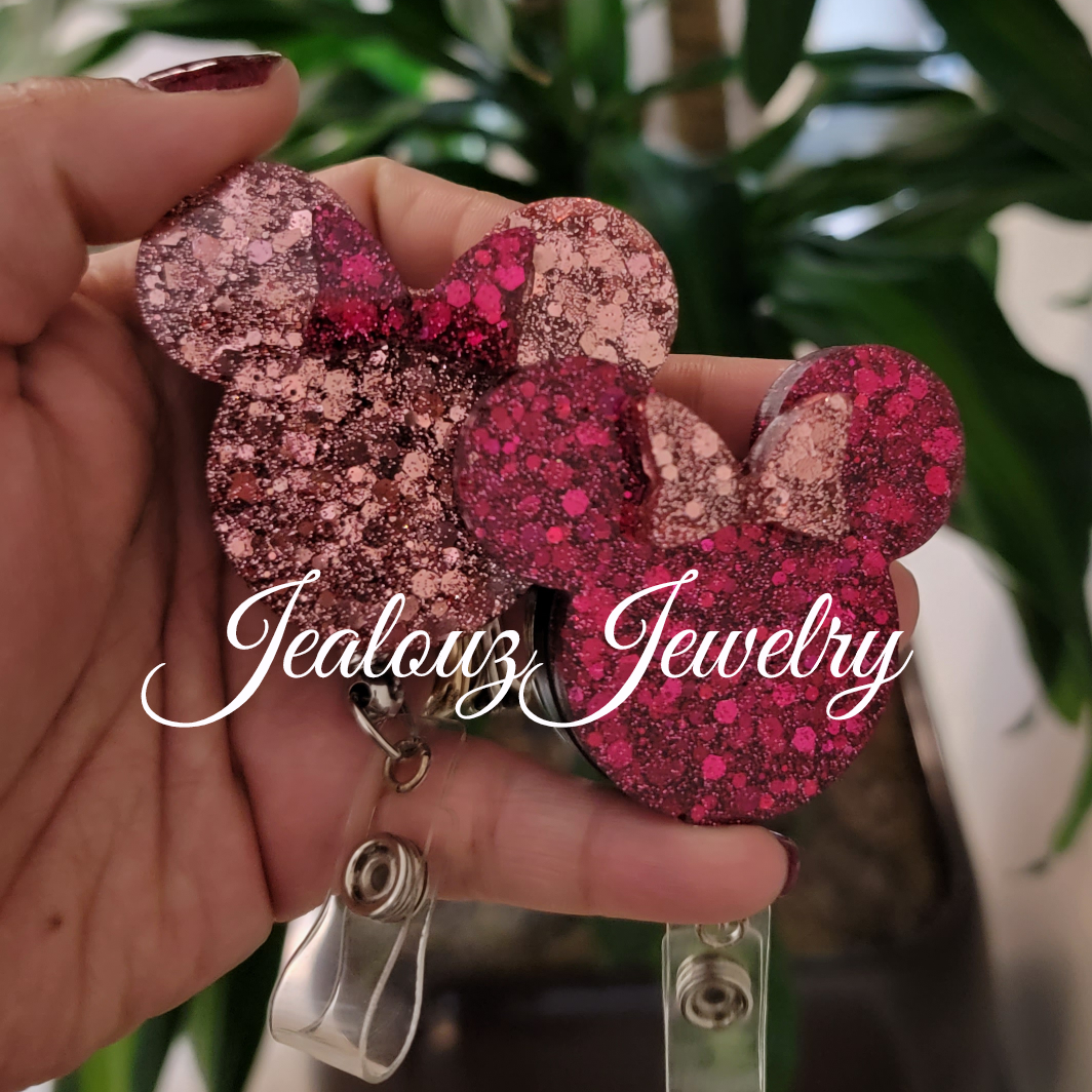 Magenta & Rose Gold Sparkly Chunky Glitter Mouse Head With Bow Heavy Duty Name ID Badge Reel Retractable Holder