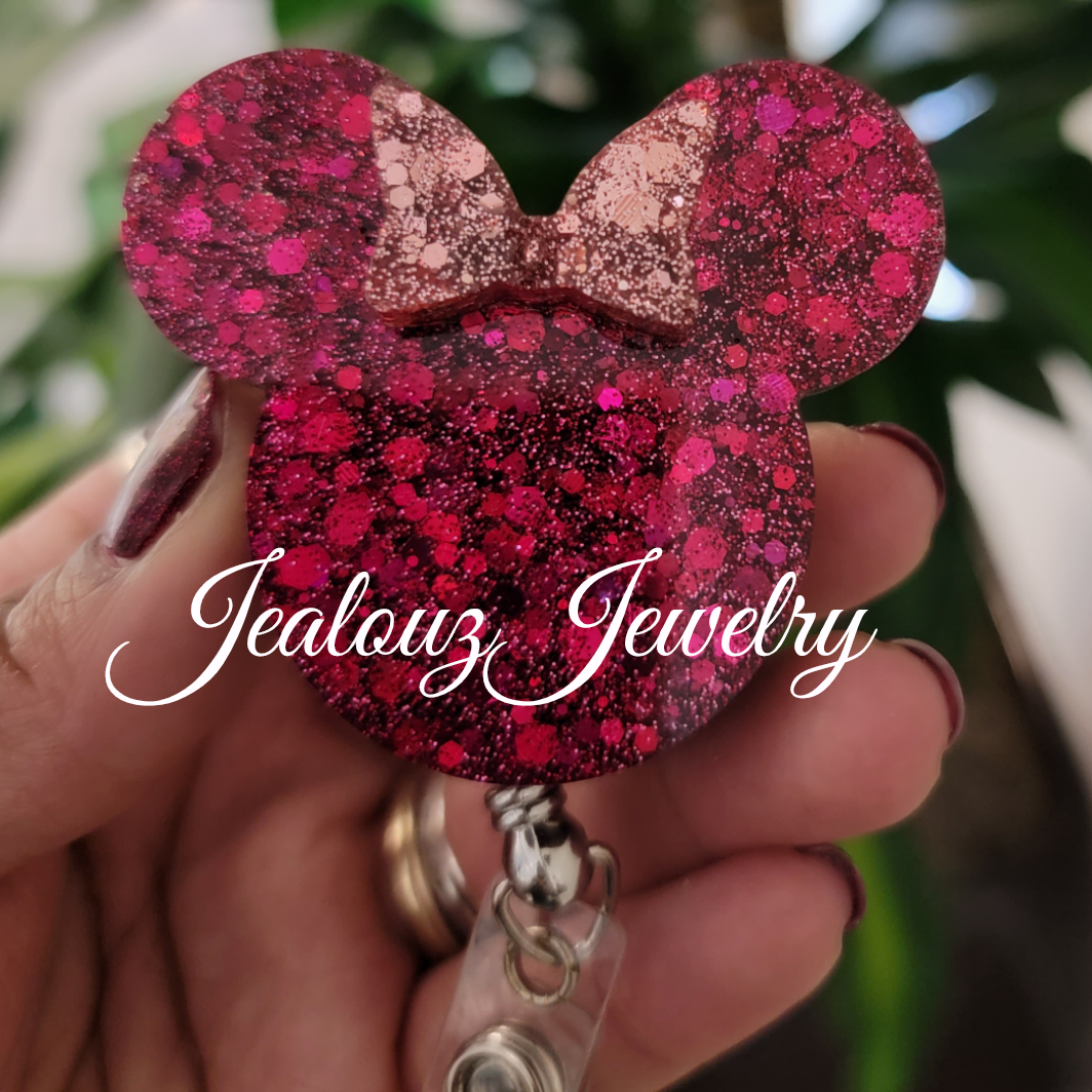 Magenta & Rose Gold Sparkly Chunky Glitter Mouse Head With Bow Heavy Duty Name ID Badge Reel Retractable Holder