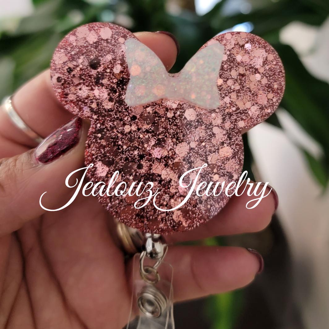 Rose Gold & White Opal Sparkly Glitter Heavy Duty ID Name Badge Reel Retractable Holder