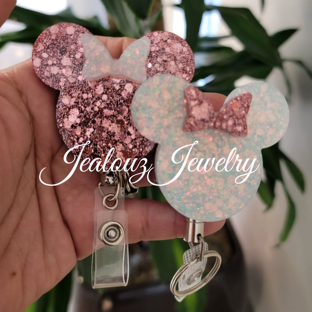 Rose Gold & White Opal Sparkly Glitter Heavy Duty ID Name Badge Reel Retractable Holder