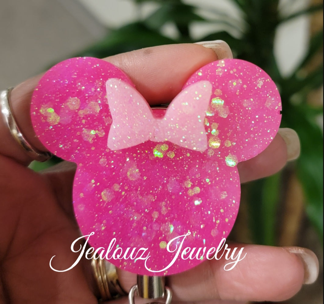 Hot Pink & Strawberry Milk Sparkly Glitter Heavy Duty Retractable ID Badge Reel Holder