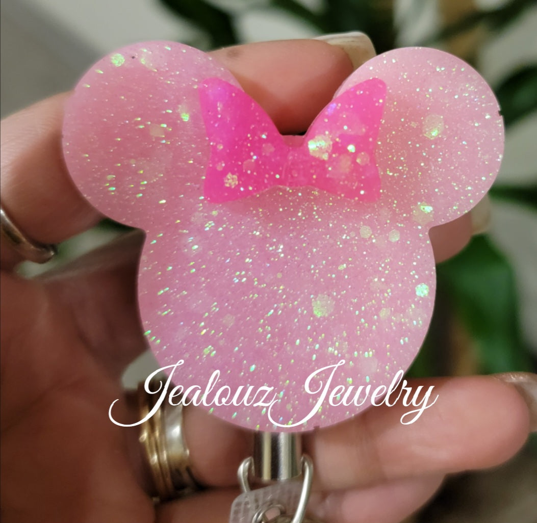 Hot Pink & Strawberry Milk Sparkly Glitter Heavy Duty Retractable ID Badge Reel Holder