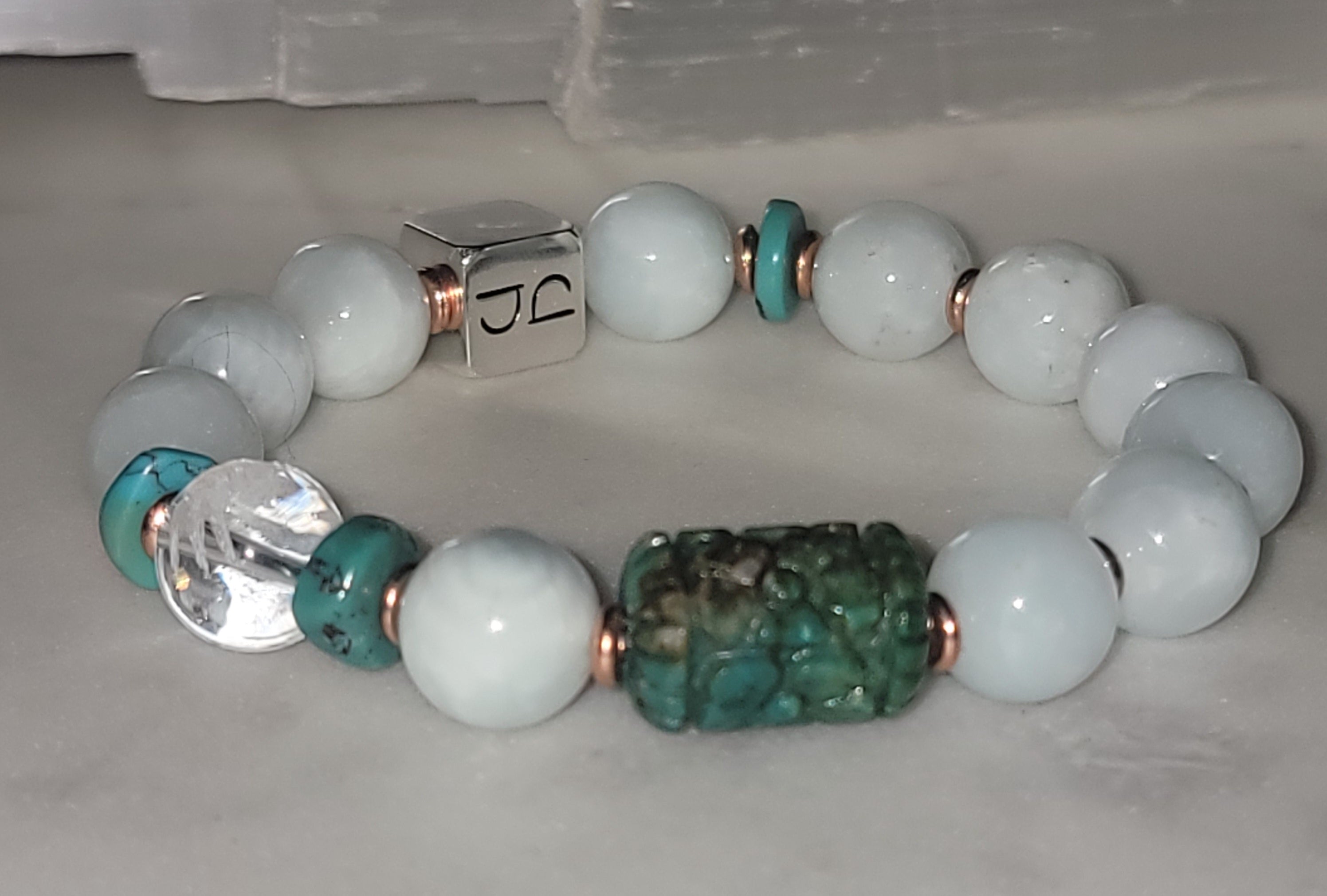 African Turquoise Green Moonstone 12mm Gemstone Bracelet