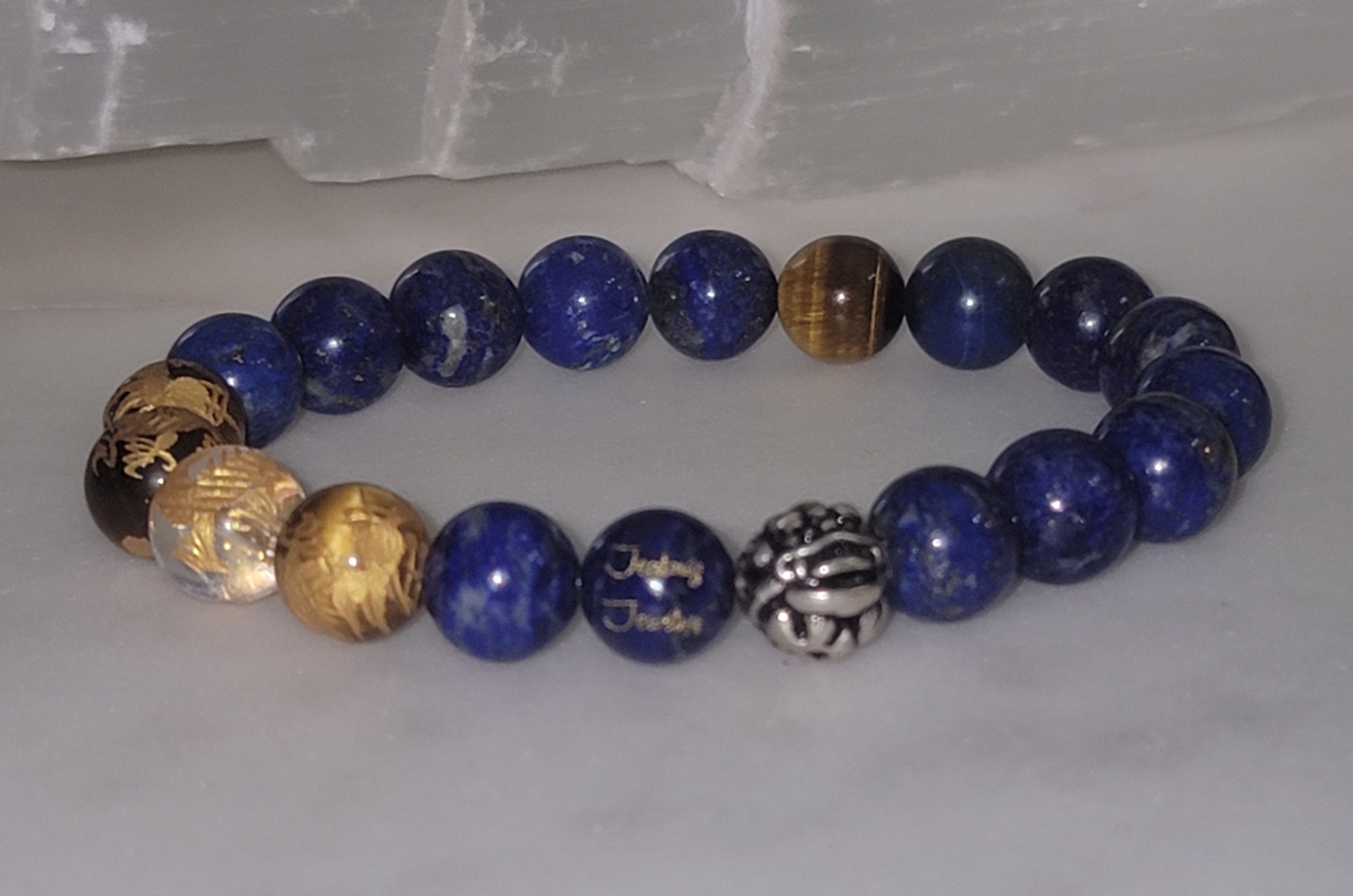 Classic Lapis 10mm Gemstone Beaded Sterling Silver Lucky Dragon 7inch Bracelet