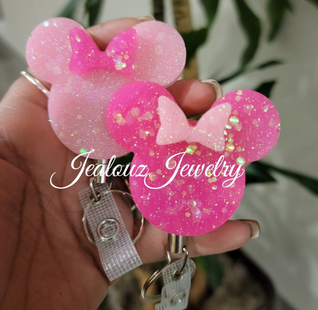 Hot Pink & Strawberry Milk Sparkly Glitter Heavy Duty Retractable ID Badge Reel Holder