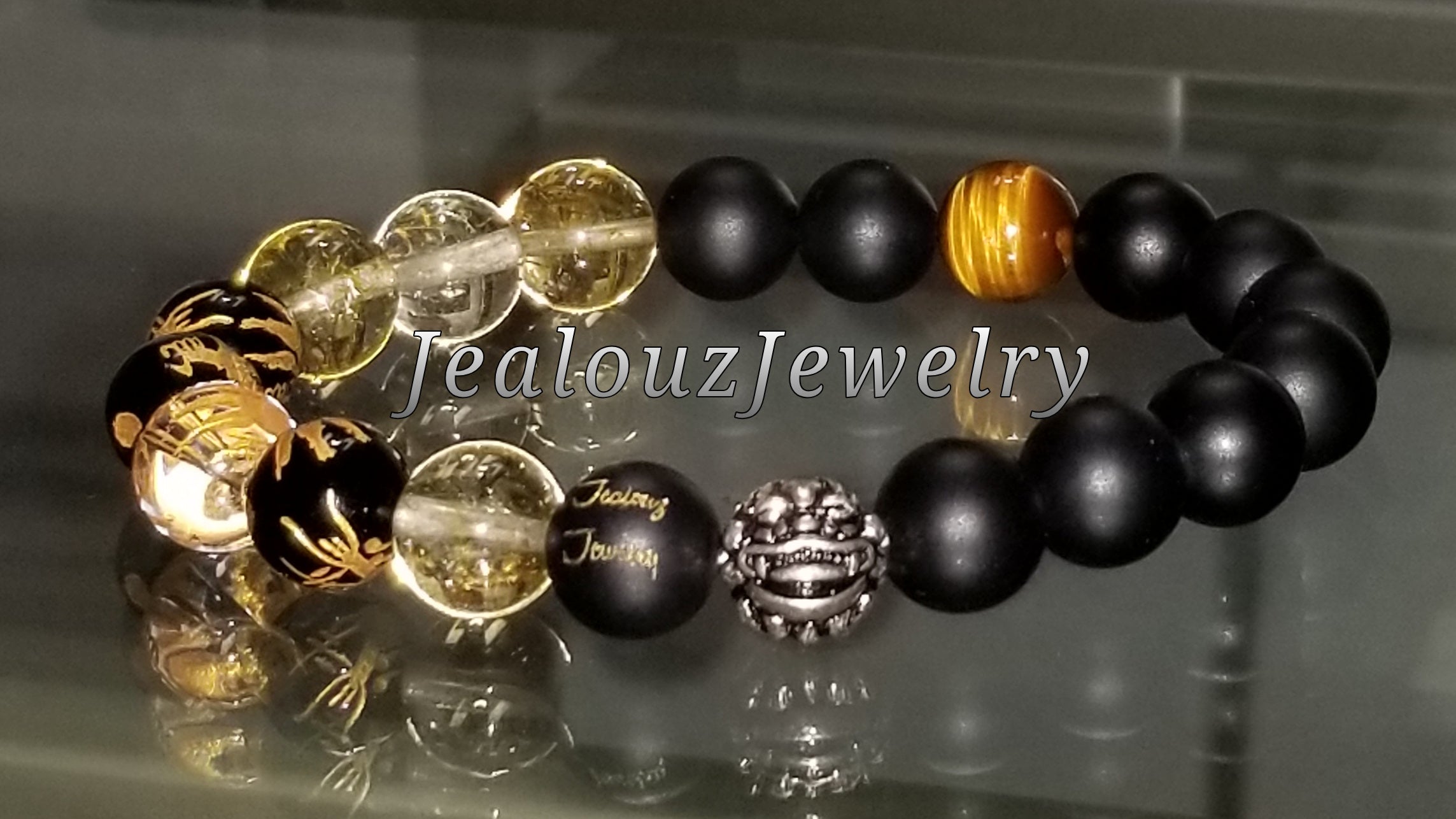 Classic Fortune Protection Against Negative Energy Citrine Matte Black Onyx Lucky Gold Dragon Gemstone Bracelet