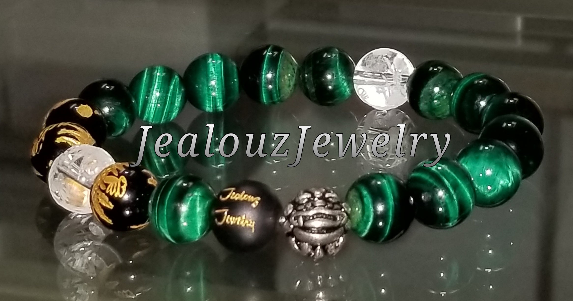 Classic Sterling Silver Emerald Green Tiger Eye Lucky Gold Dragon 7inch Gemstone Beaded Bracelet