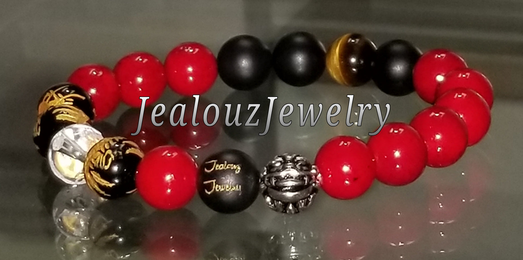 Red Riverstone Matte Black Onyx Lucky Gold Dragon Gemstone Bracelet