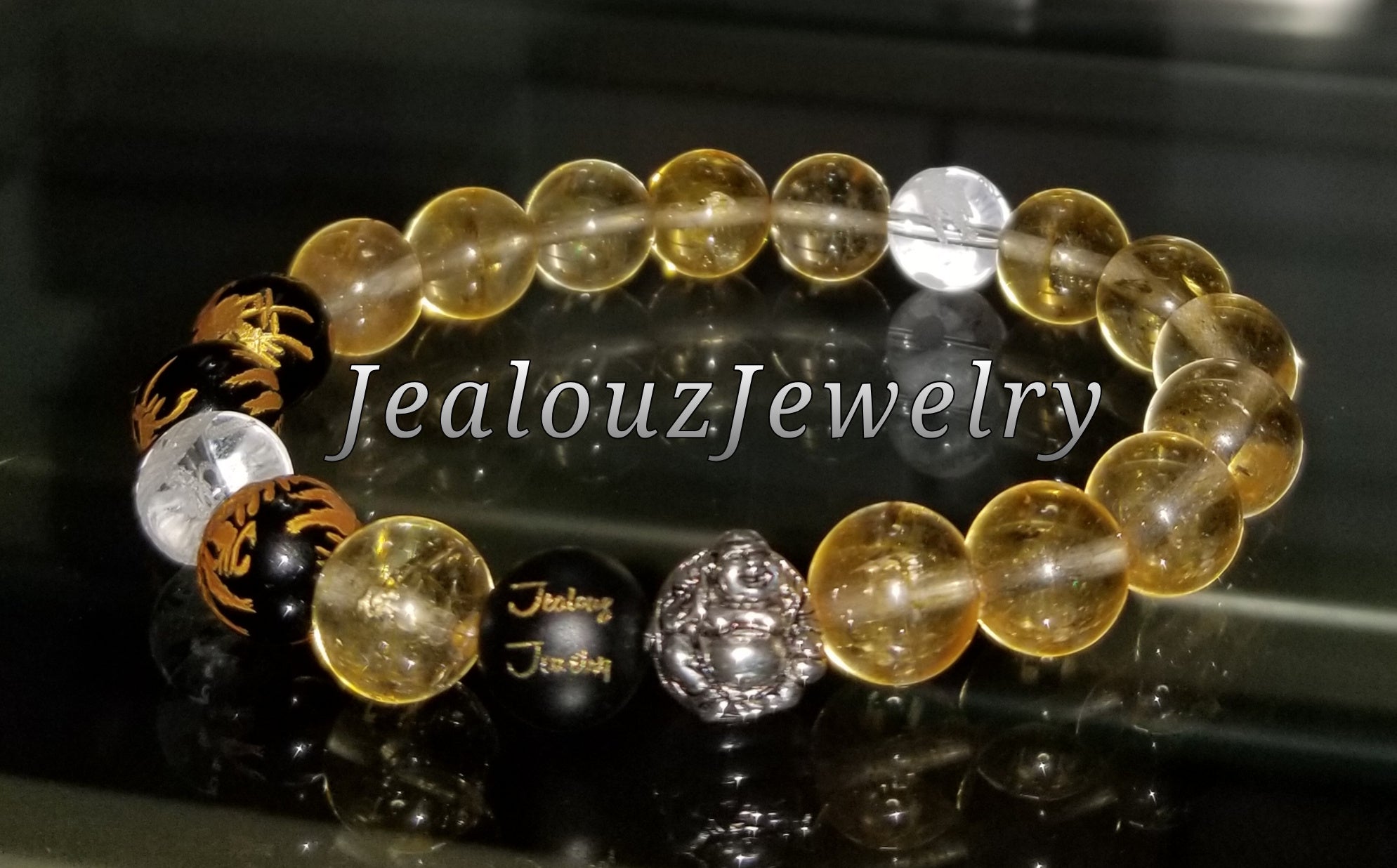 Classic Wealth Citrine Black Onyx Lucky Laughing Buddah Gemstone Bracelet