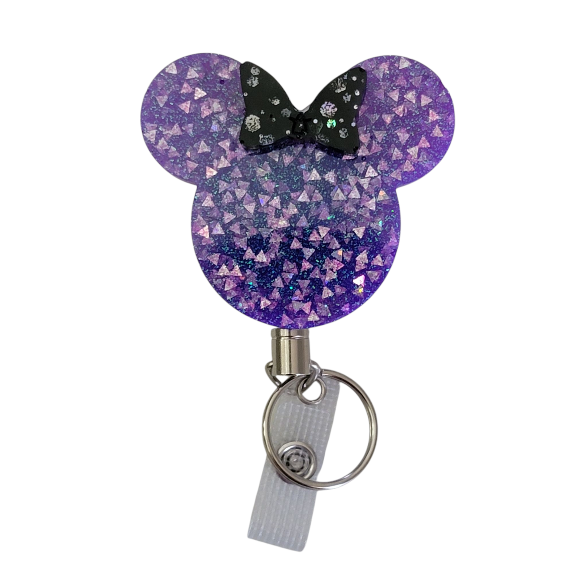Stainless Steel Purple & Black Mouse Head Ears With Bow Heavy Duty Name ID Badge Reel Retractable Holder