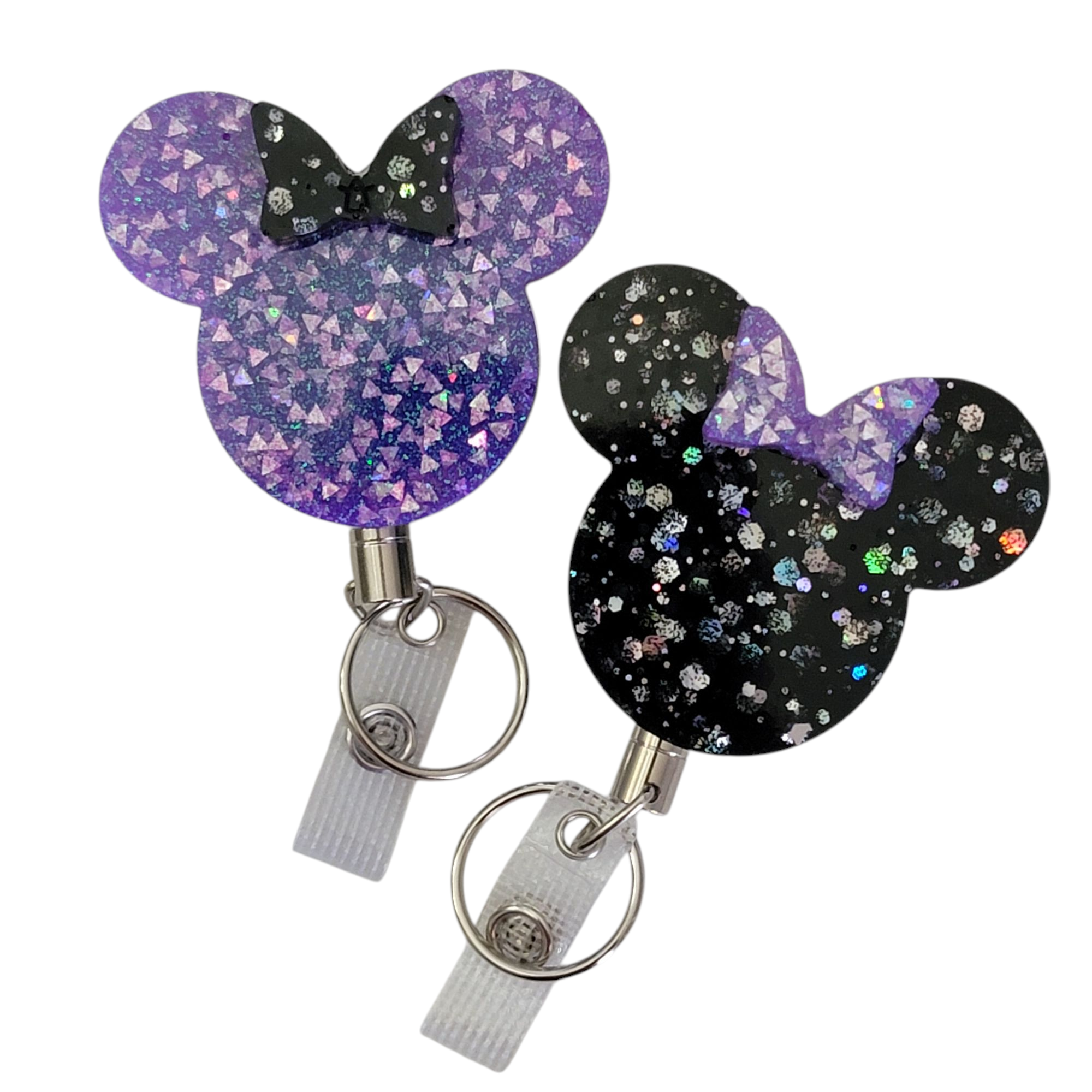 Stainless Steel Purple & Black Mouse Head Ears With Bow Heavy Duty Name ID Badge Reel Retractable Holder