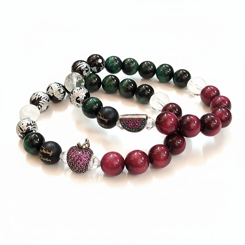 Classic Watermelon & Apple Tiger Eye Lucky Sterling Silver 7inch Gemstone Beaded Bracelet Set