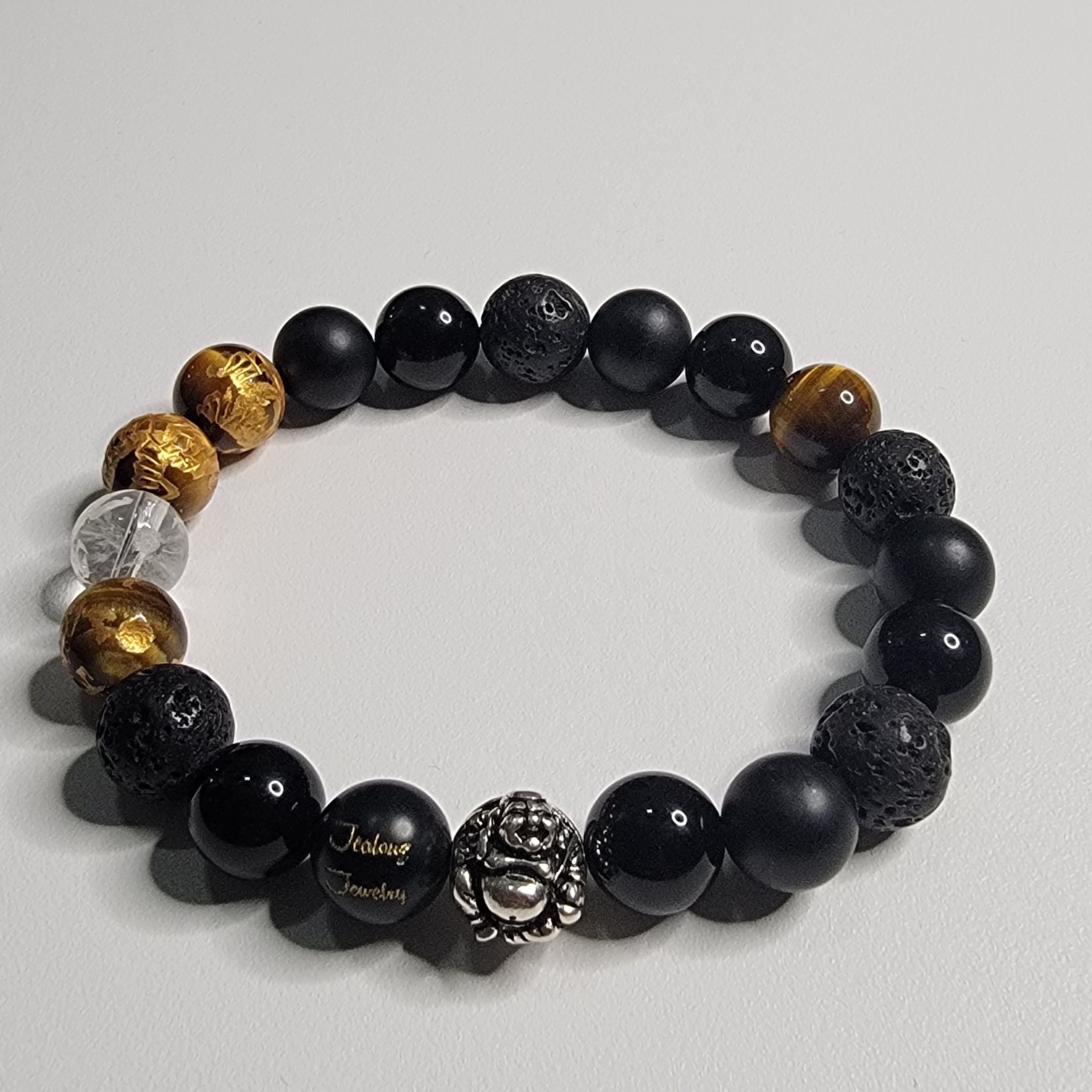 Classic Lava Onyx Tiger Eye 10mm Lucky Laughing Buddha Sterling silver 7-inch bracelet