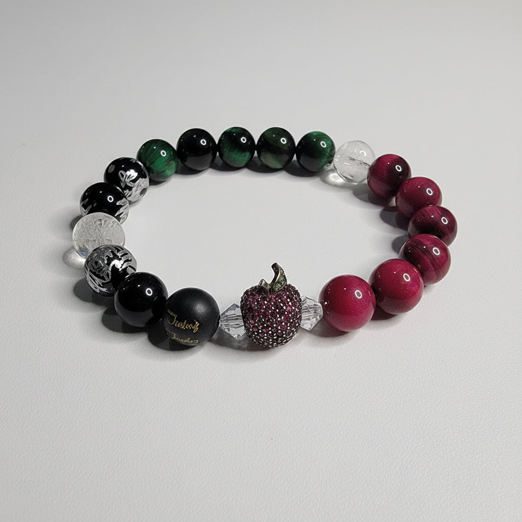 Classic Watermelon & Apple Tiger Eye Lucky Sterling Silver 7inch Gemstone Beaded Bracelet Set