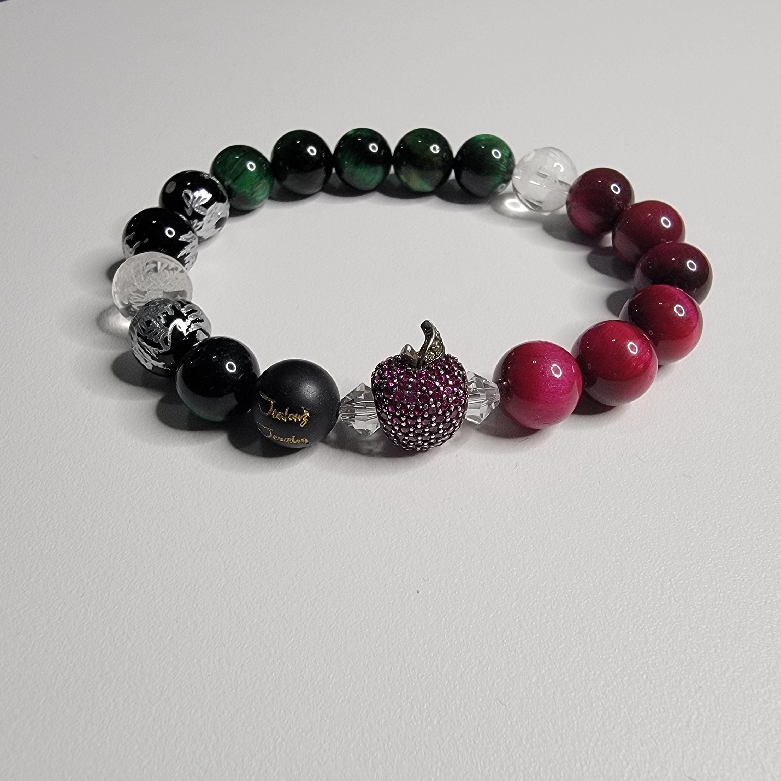 Classic Watermelon & Apple Tiger Eye Lucky Sterling Silver 7inch Gemstone Beaded Bracelet Set