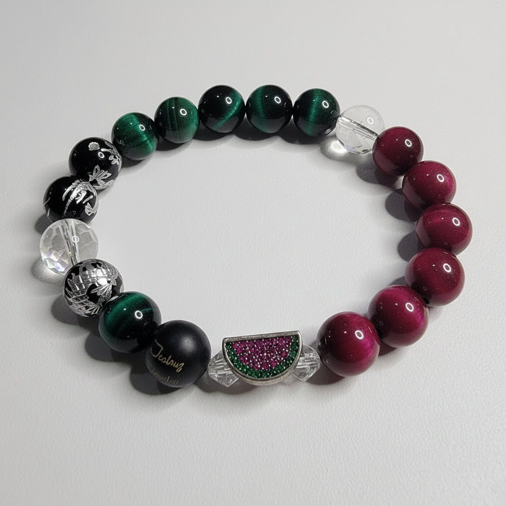 Classic Watermelon & Apple Tiger Eye Lucky Sterling Silver 7inch Gemstone Beaded Bracelet Set