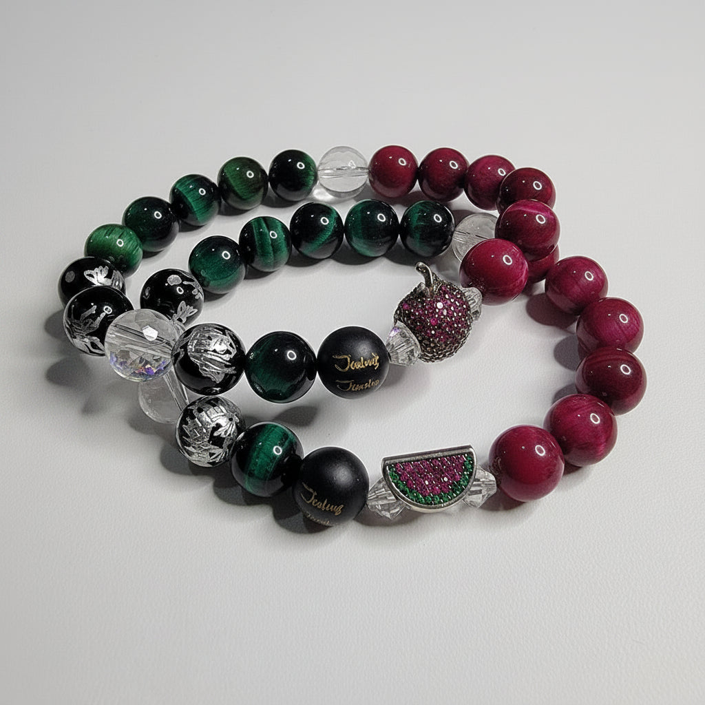 Classic Watermelon & Apple Tiger Eye Lucky Sterling Silver 7inch Gemstone Beaded Bracelet Set