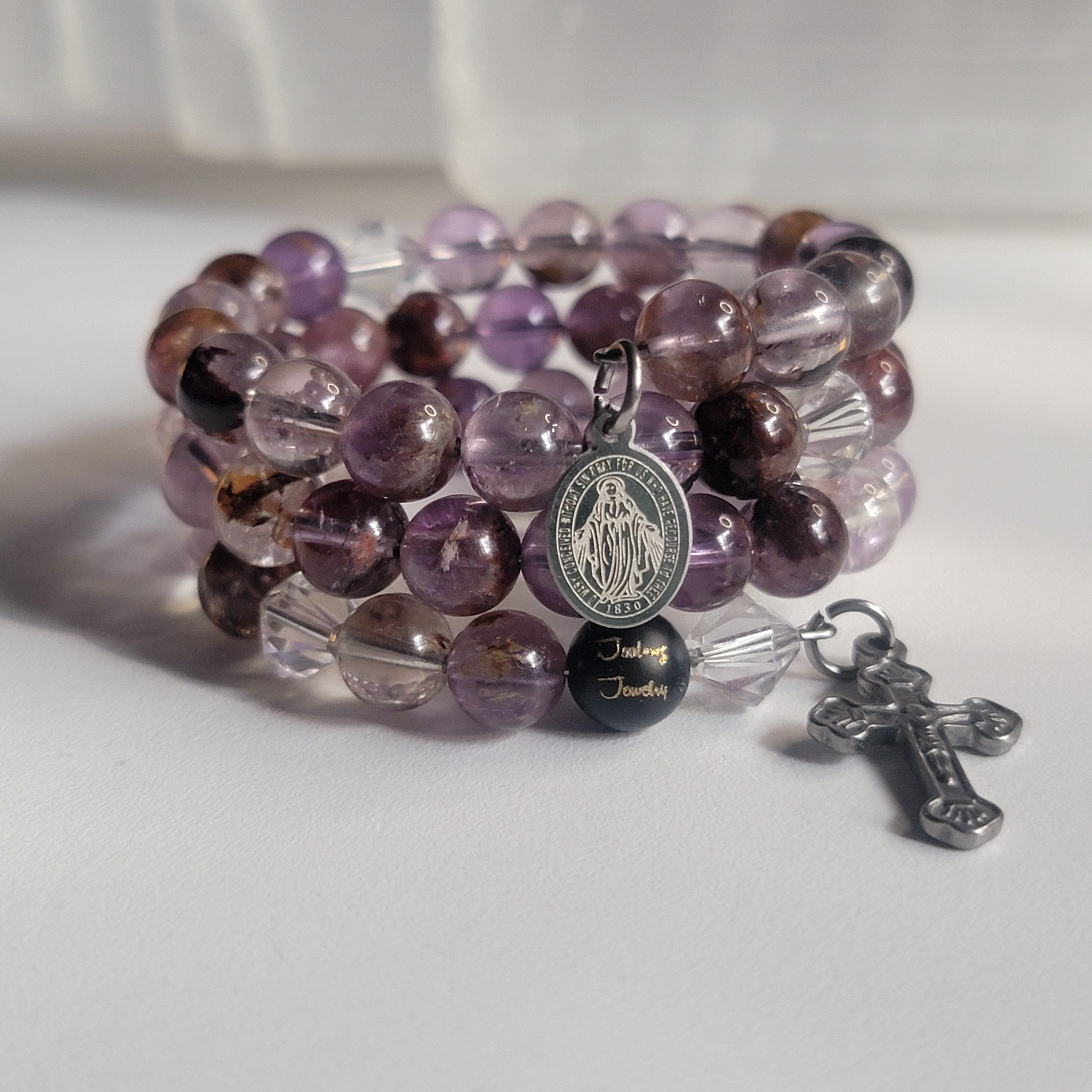 Purple Super Seven Ghost Phantom Gemstone Stainless Steel Rosary Wrap Around Bracelet