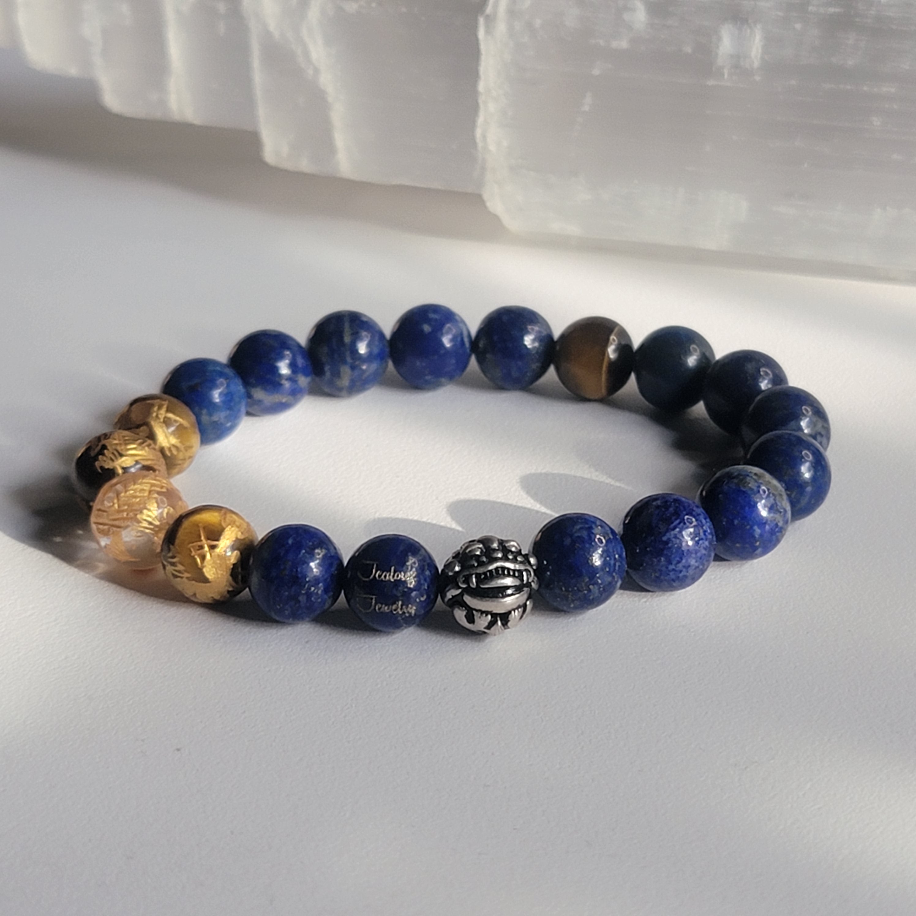 Classic Lapis 10mm Gemstone Beaded Sterling Silver Lucky Dragon 7inch Bracelet