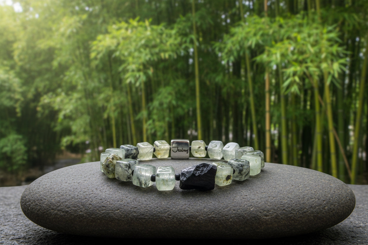 JealouzJewelry Sterling Silver Prehnite Black Tourmaline Lucky Gemstone 8mm Beaded Cube 7inch Bracelet