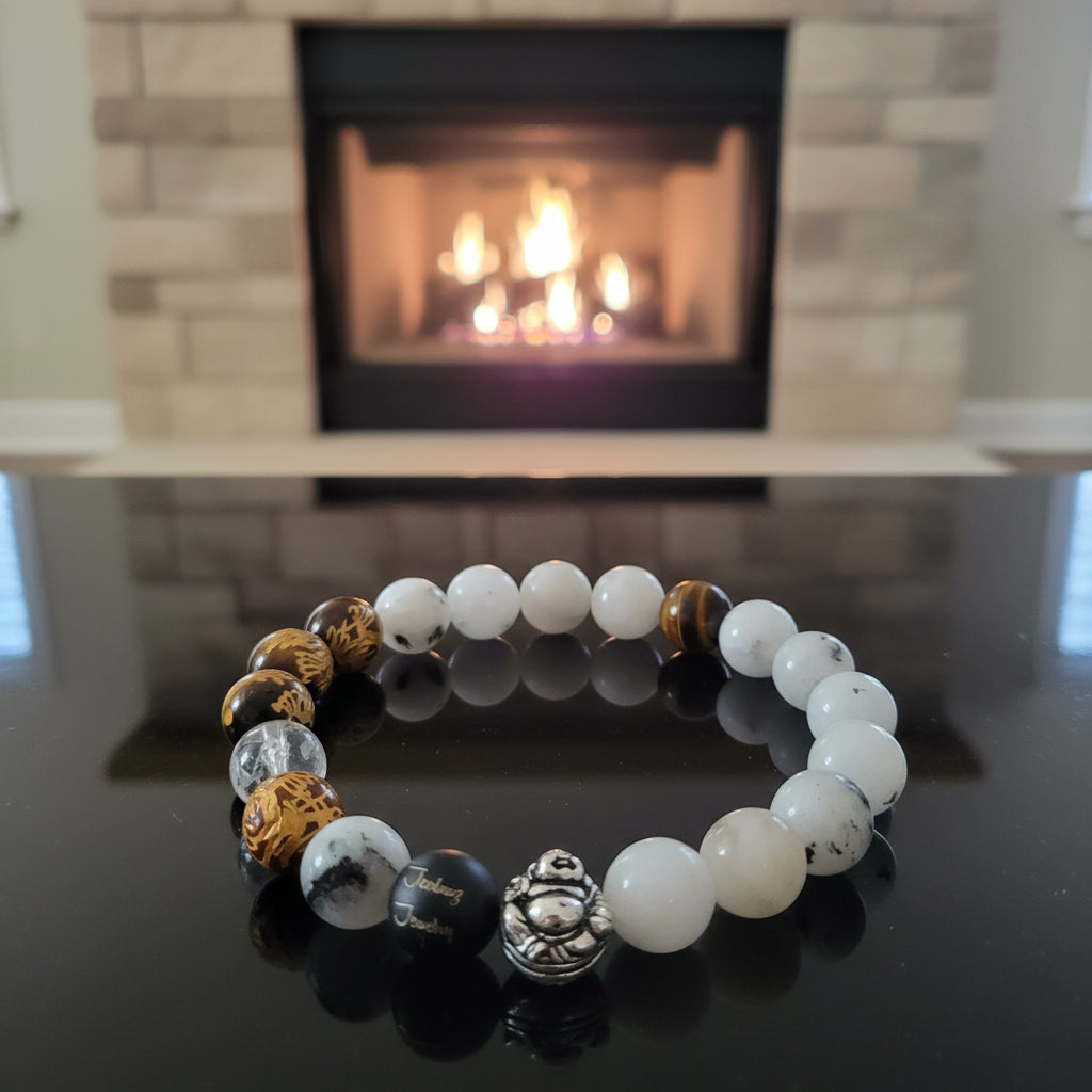 JealouzJewelry Sterling Silver Tiger Eye Moonstone Lucky Buddha 10mm Beaded Bracelet