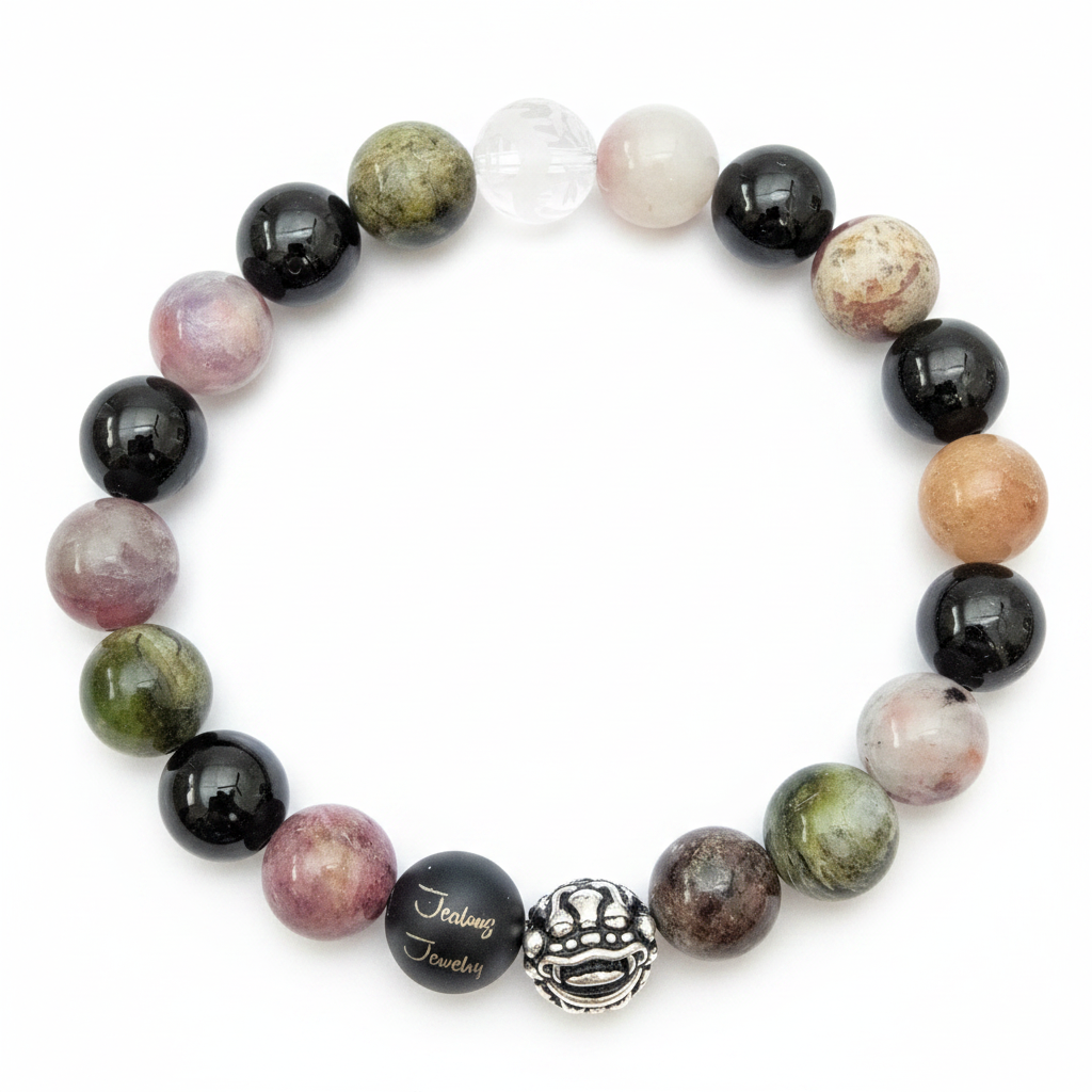 Classic Tourmaline 10mm Gemstone Sterling Silver Lucky Pixiu Dragon Beaded 7inch Bracelet