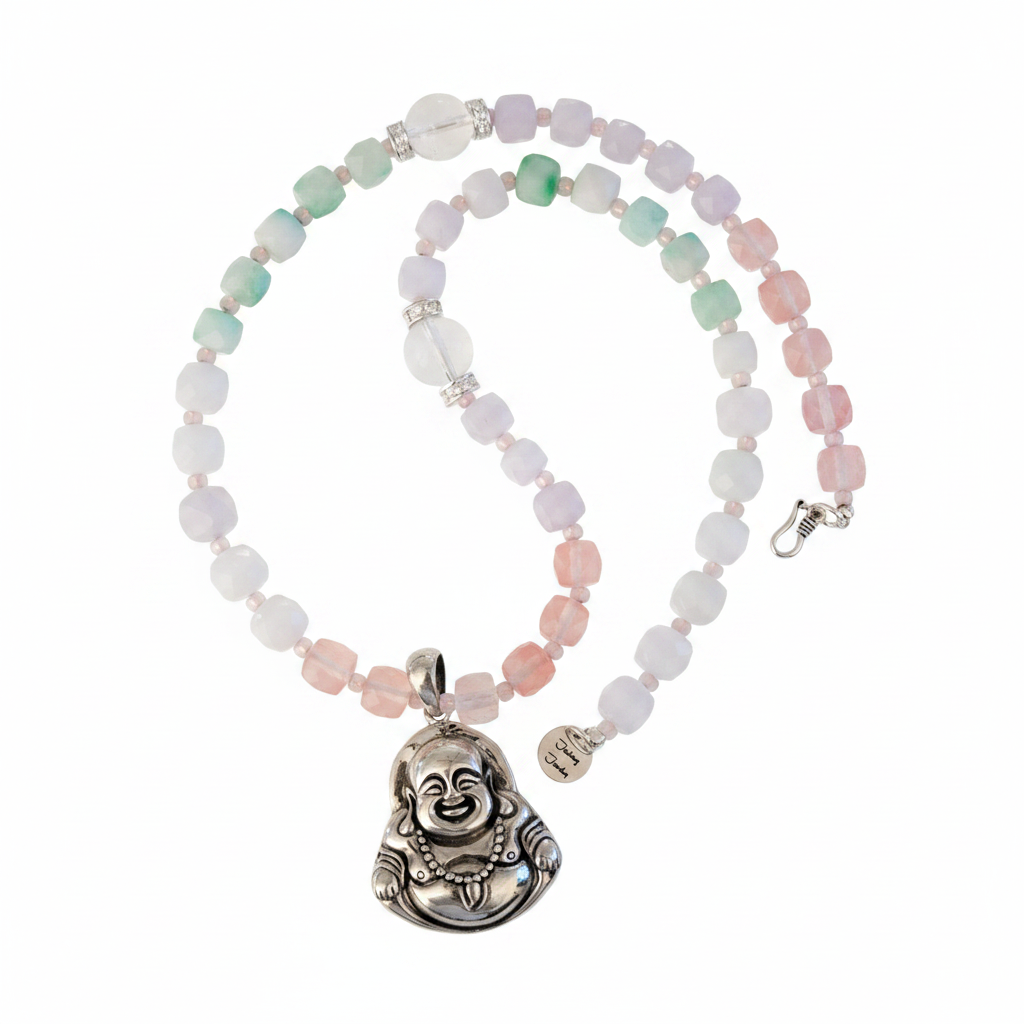 Sterling Silver Lucky Laughing Buddha 6-7mm Gradient Gemstone Beaded 17inch Necklace
